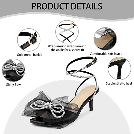 BLISSFUL STEP Women's Sparkly Bow Rhinestone Open Toe Kitten Heels Sandals