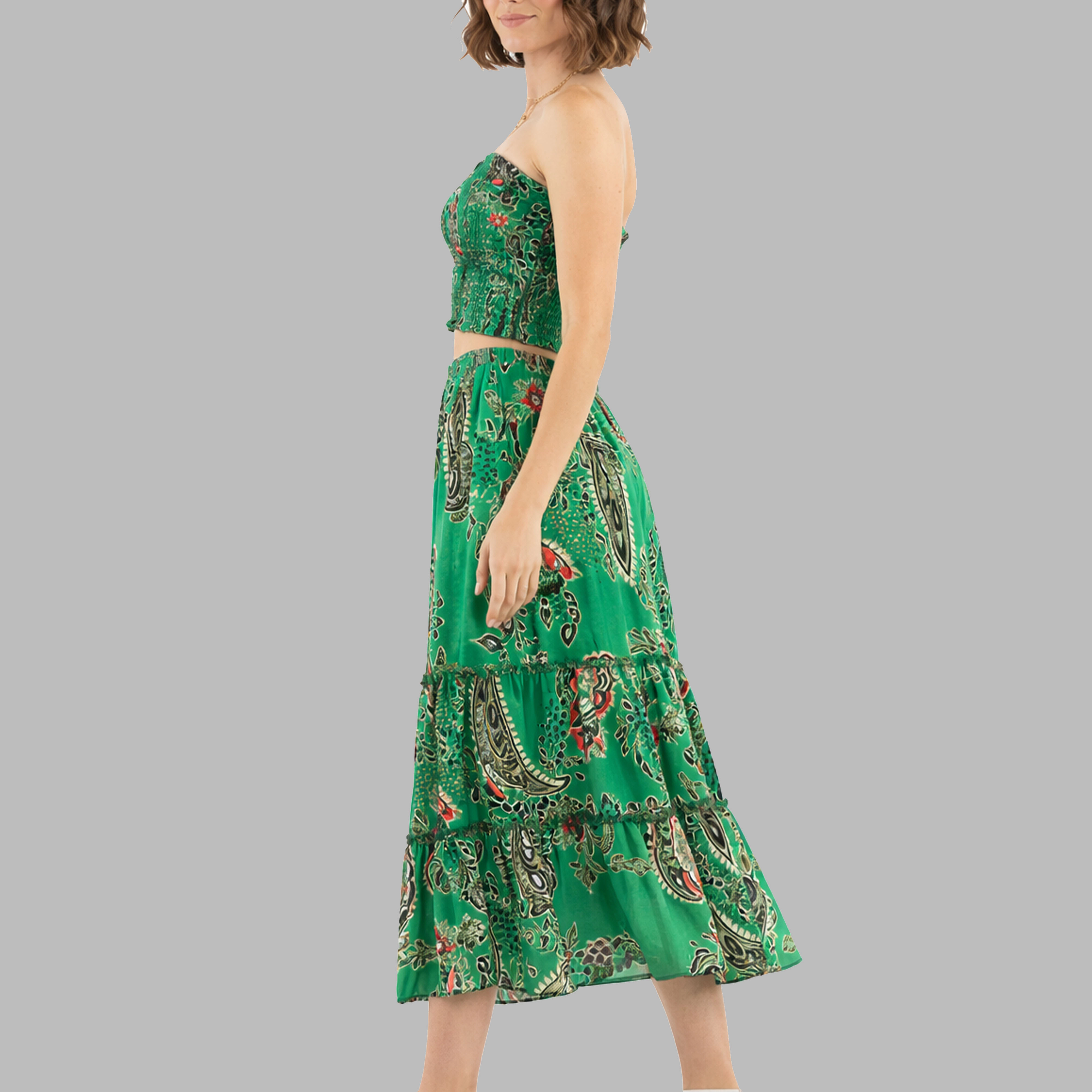 Artyska Women’s Paisley Strapless Crop Top & Tiered Midi Skirt Set