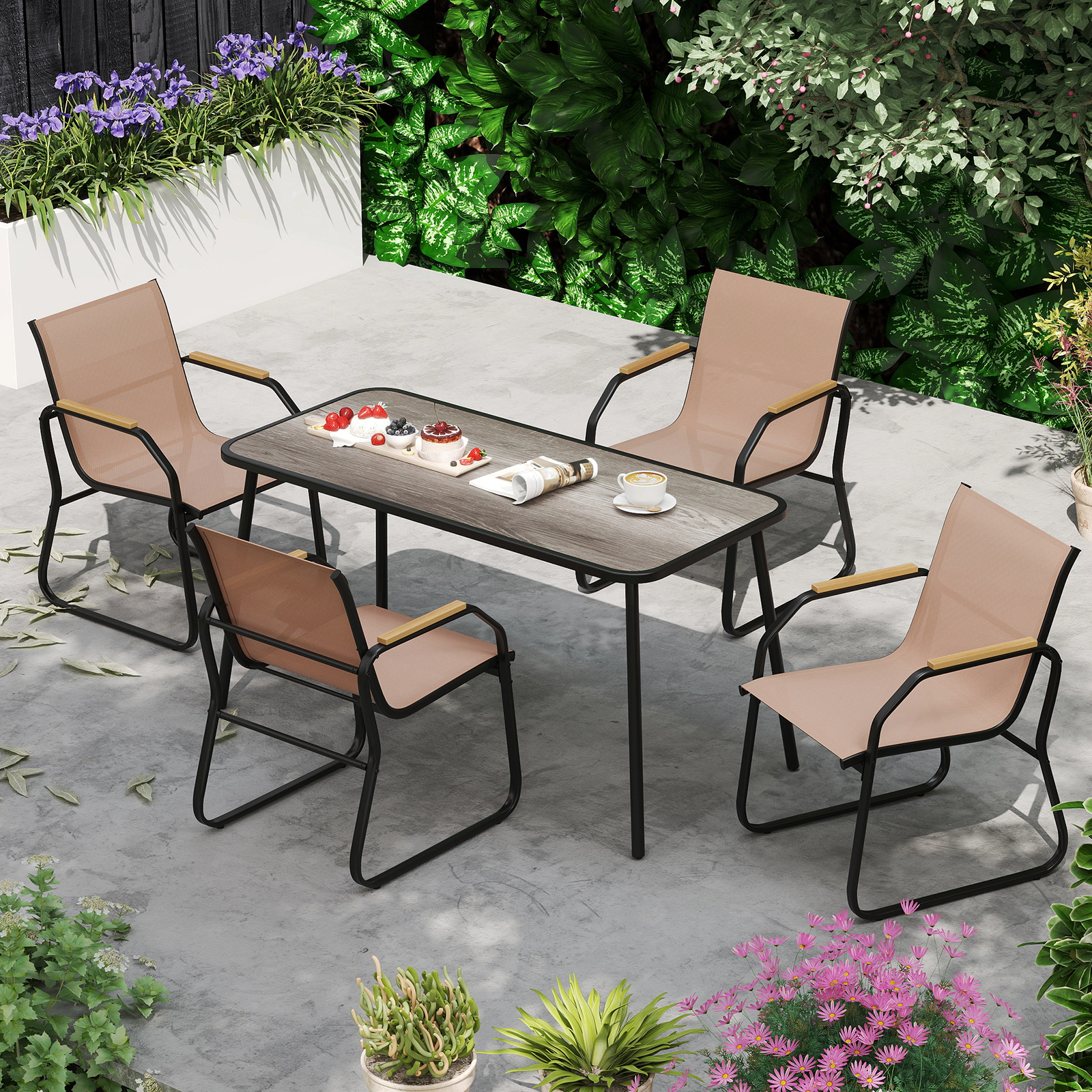 LJG 5 Pieces Patio Dining Set with Rectangular Table and Fabric Chairs