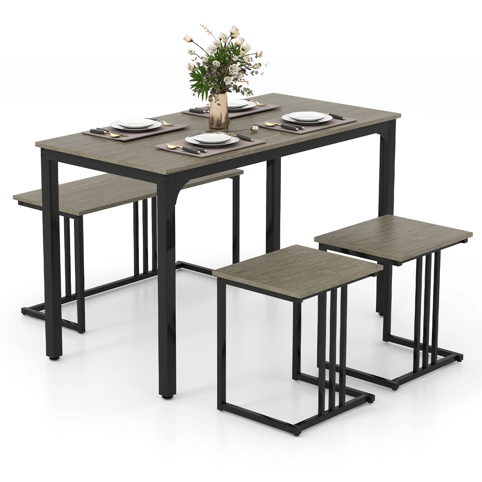 SUGIFT Oak 47.5 Inch Table Bench and 2 Stools 4-Piece Space Saving Dining Table Set