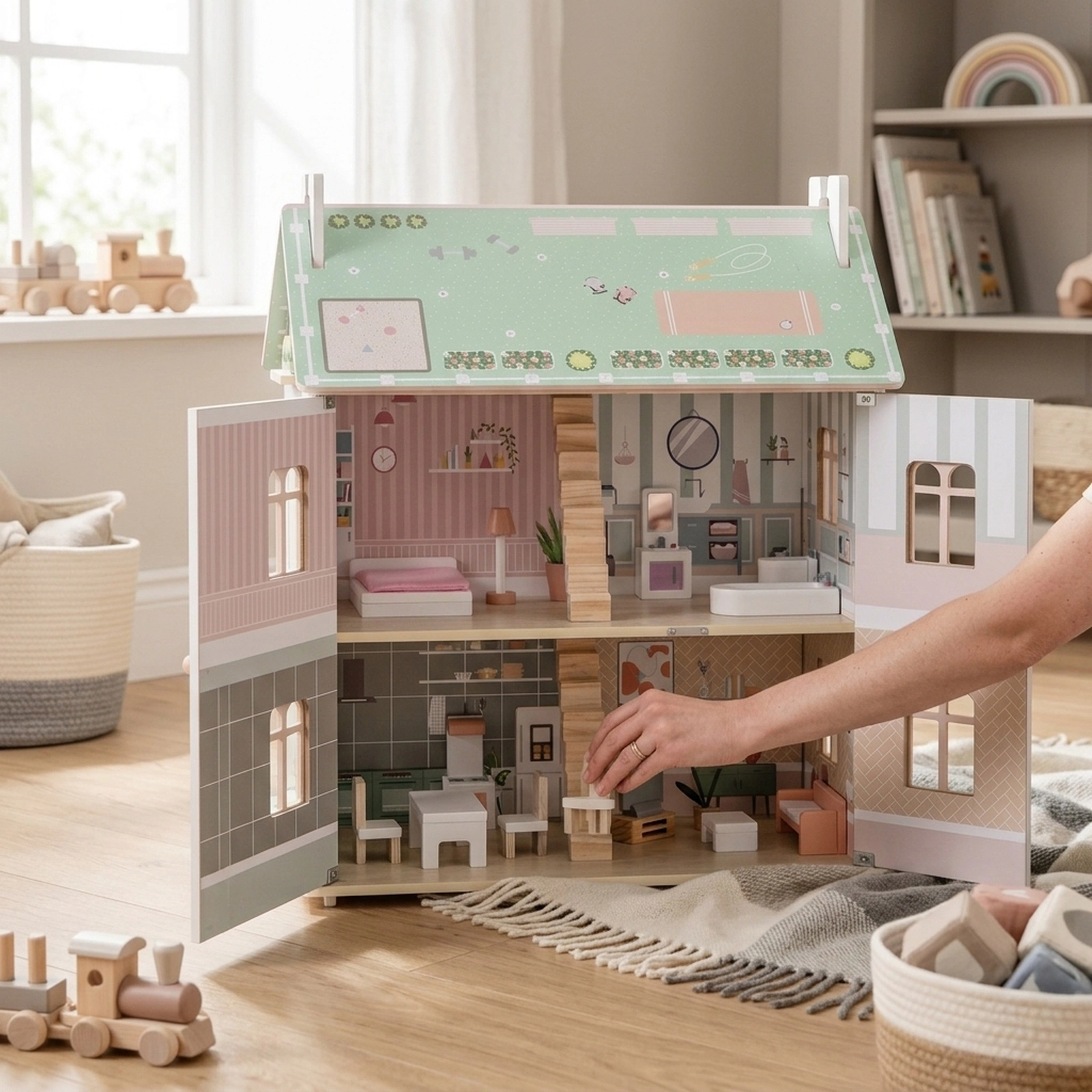 Kids Wooden Dollhouse 3 Level with Removable Double-Sided Roofs 22-in Pink Doll House