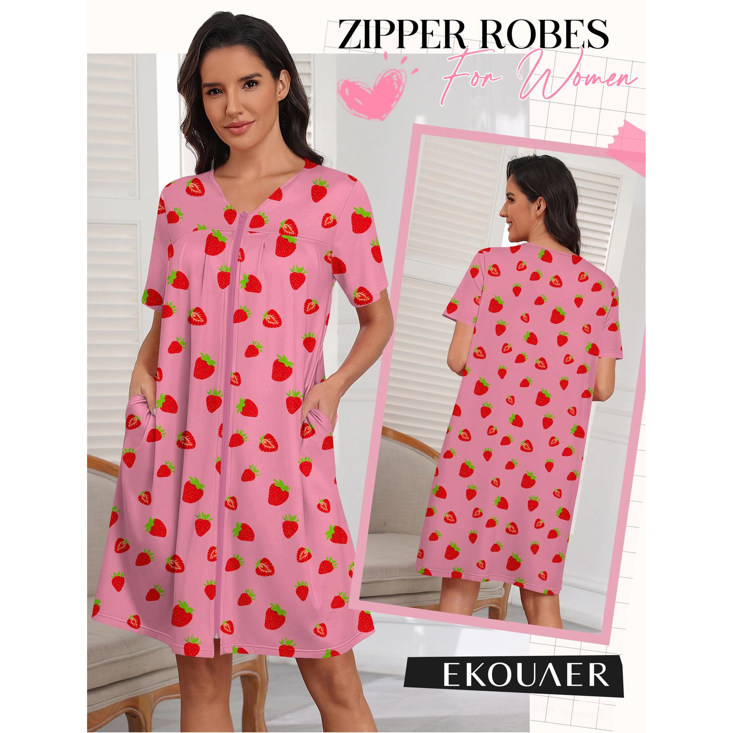 Ekouaer Women's V Neck Short Sleeve Zip Front Sleepshirt with Pockets