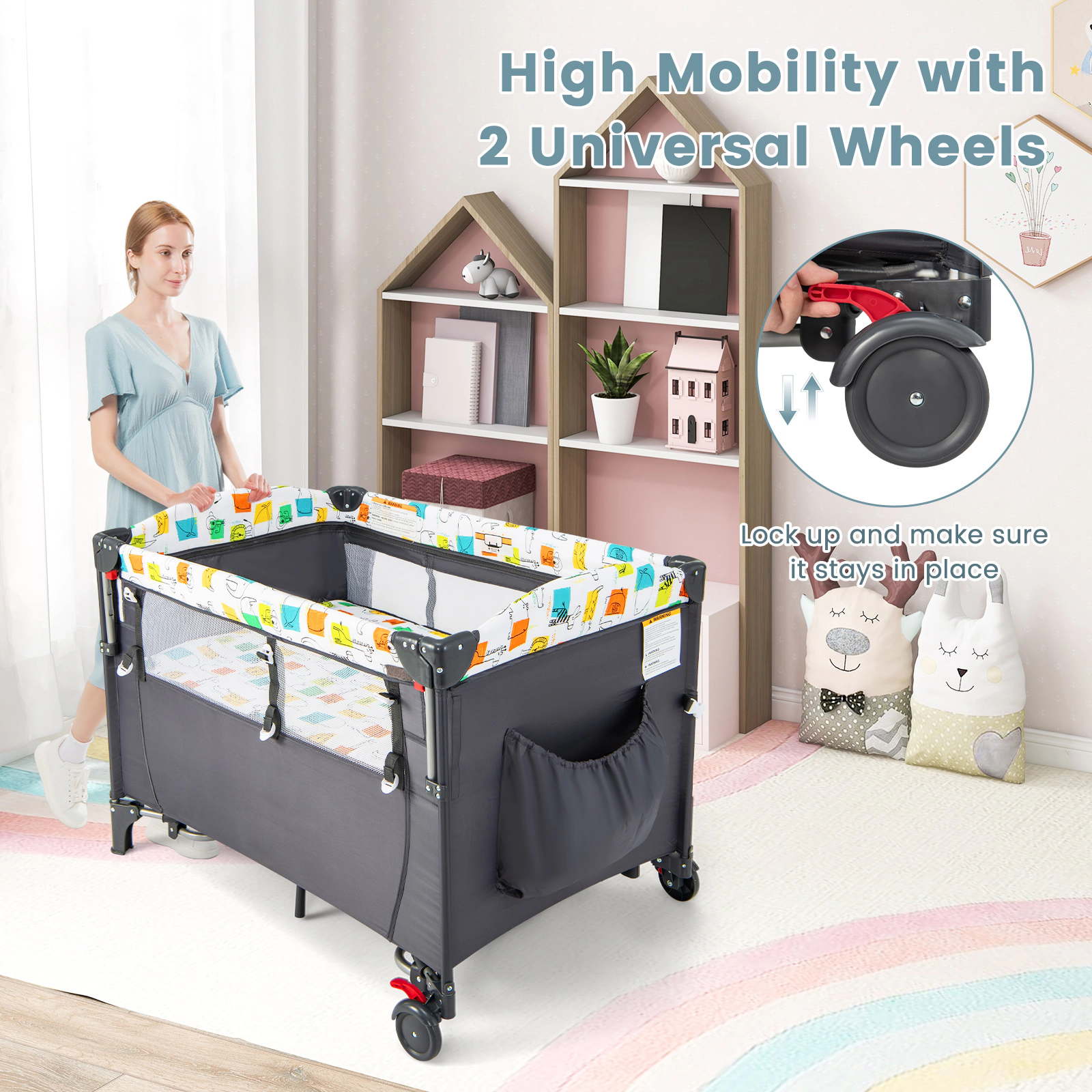 SUGIFT Height Adjustable Rocking Bedside Baby Bassinet and 110-lb Playpen with Detachable Changing Table