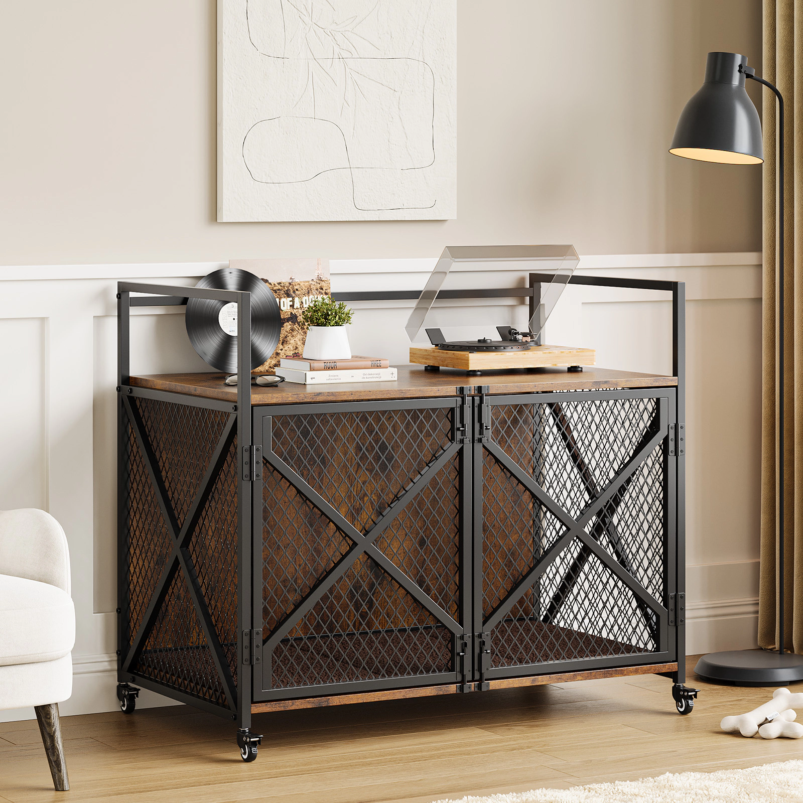 Farmhouse Style Dog Crate Furniture with 360° Wheels & 4 Latches, Heavy Duty End Table for Living Room, Rustic Brown