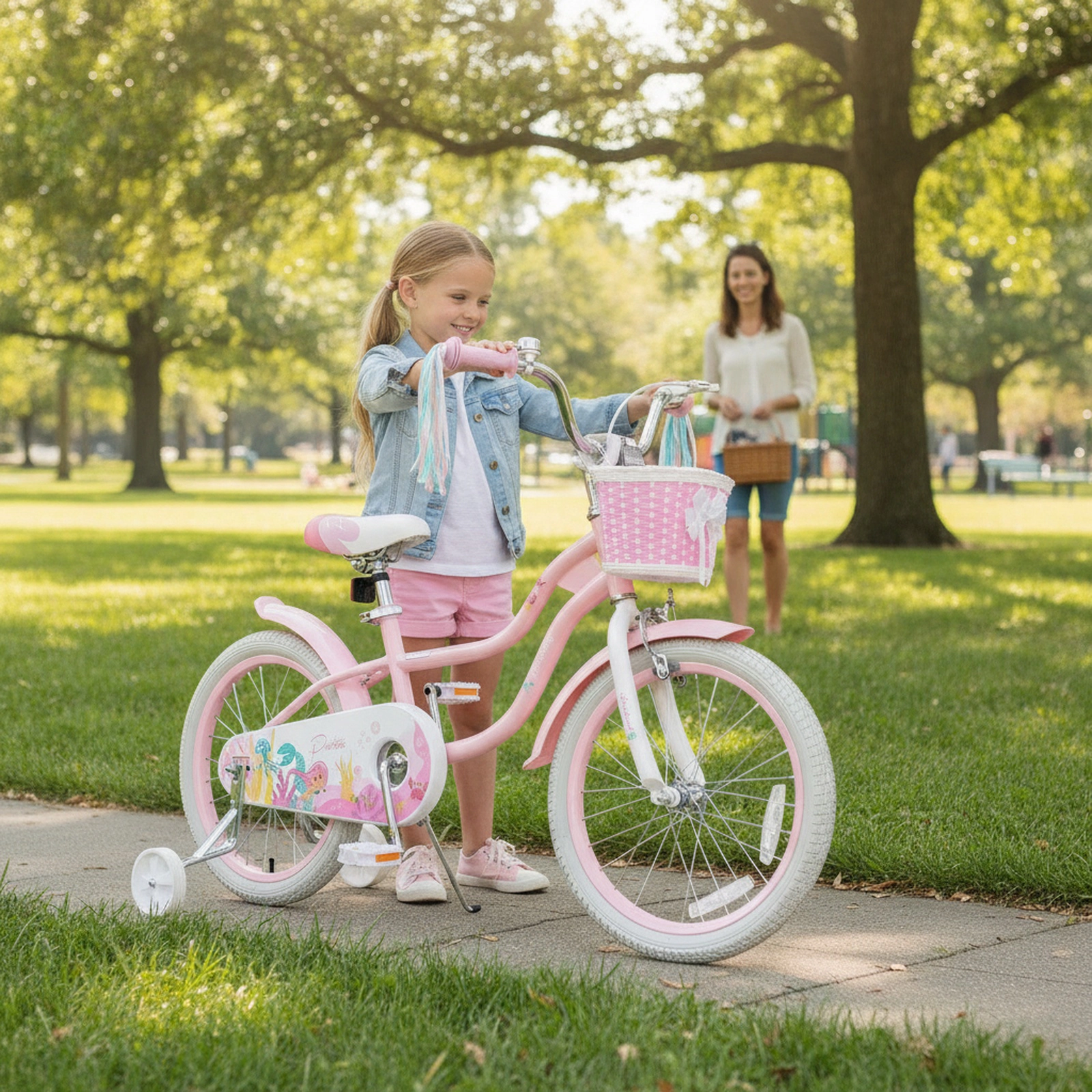 18-in Girls Bike with Removable Training Wheels Kickstand Basket and Streamers for Ages 4-8 Mermaid Graphics Bicycle
