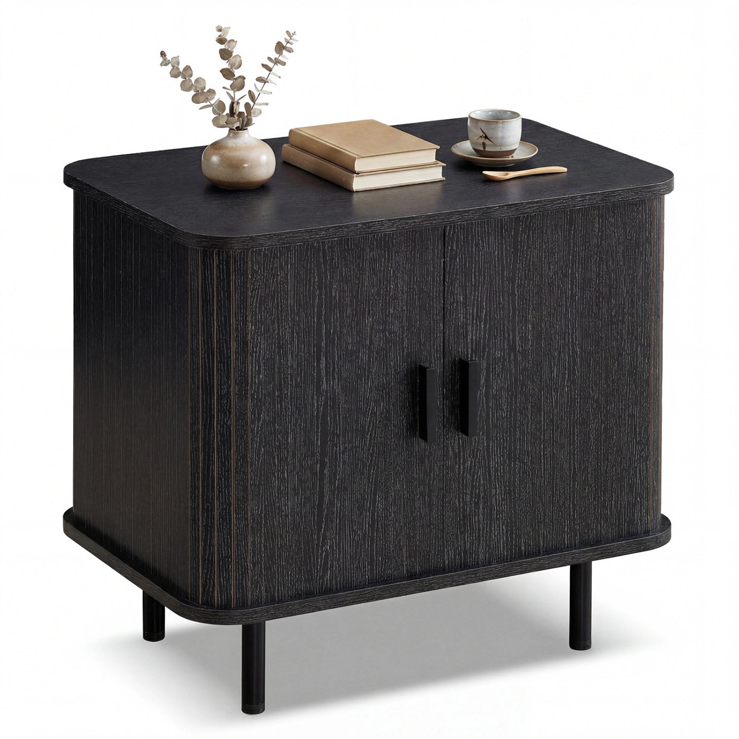 Glintex Mid-Century Nightstand with Fluted Sliding Tambour Doors and Corner Compartments