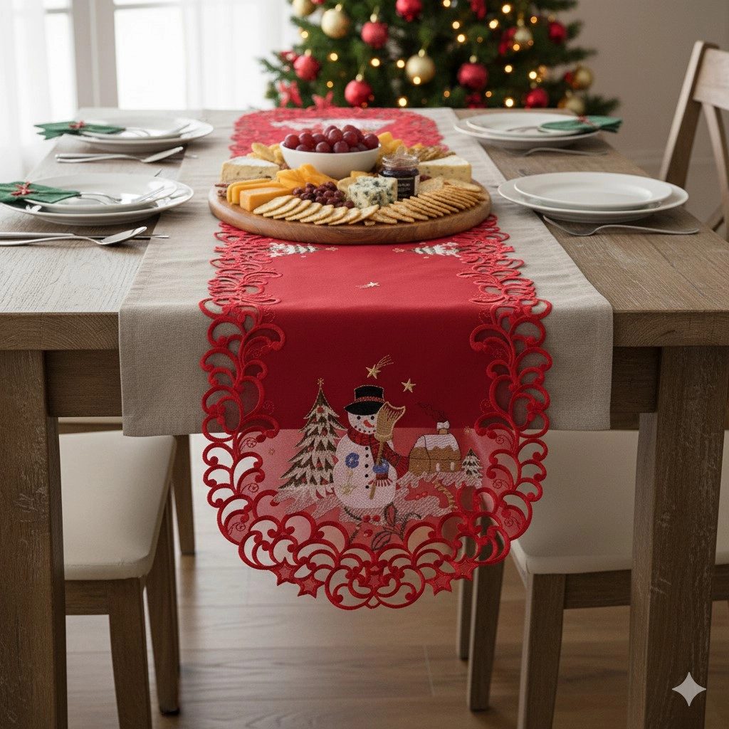 Jiallo Snow Man Embroidered Cutwork Rectangular Table Runner, 15 by 43  inch