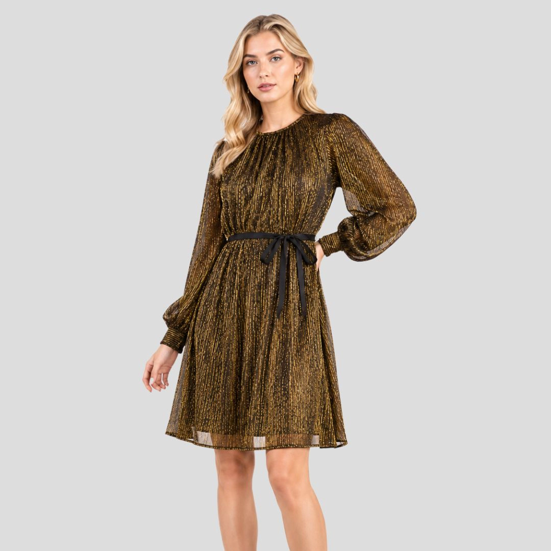 Artyska Women's Crewneck Shimmer Balloon Sleeve Tie-Waist Dress
