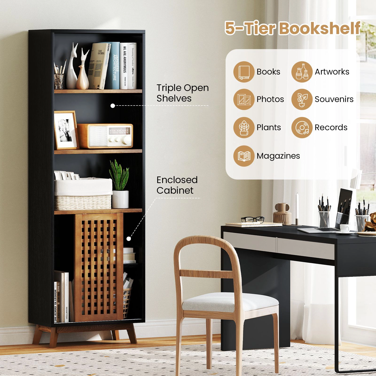 SlickBlue Modern Tall Bookshelf with Adjustable Shelves and Cabinet