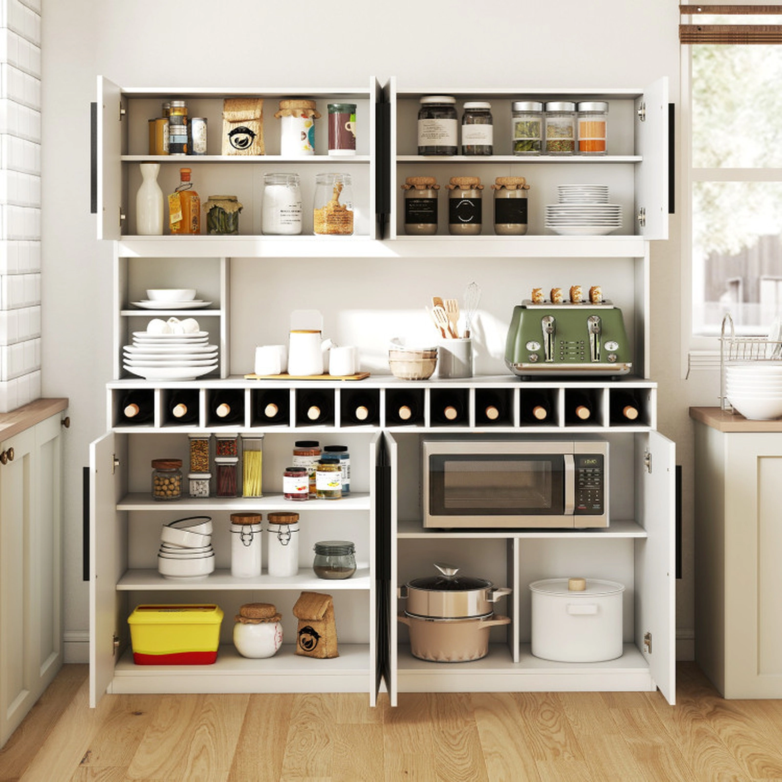 SUGIFT 70-in Farmhouse 4 Cabinets 2 Cubbies 12 Wine Slots Kitchen Pantry Cabinet 63-in x 16-in 330-lb Capacity White