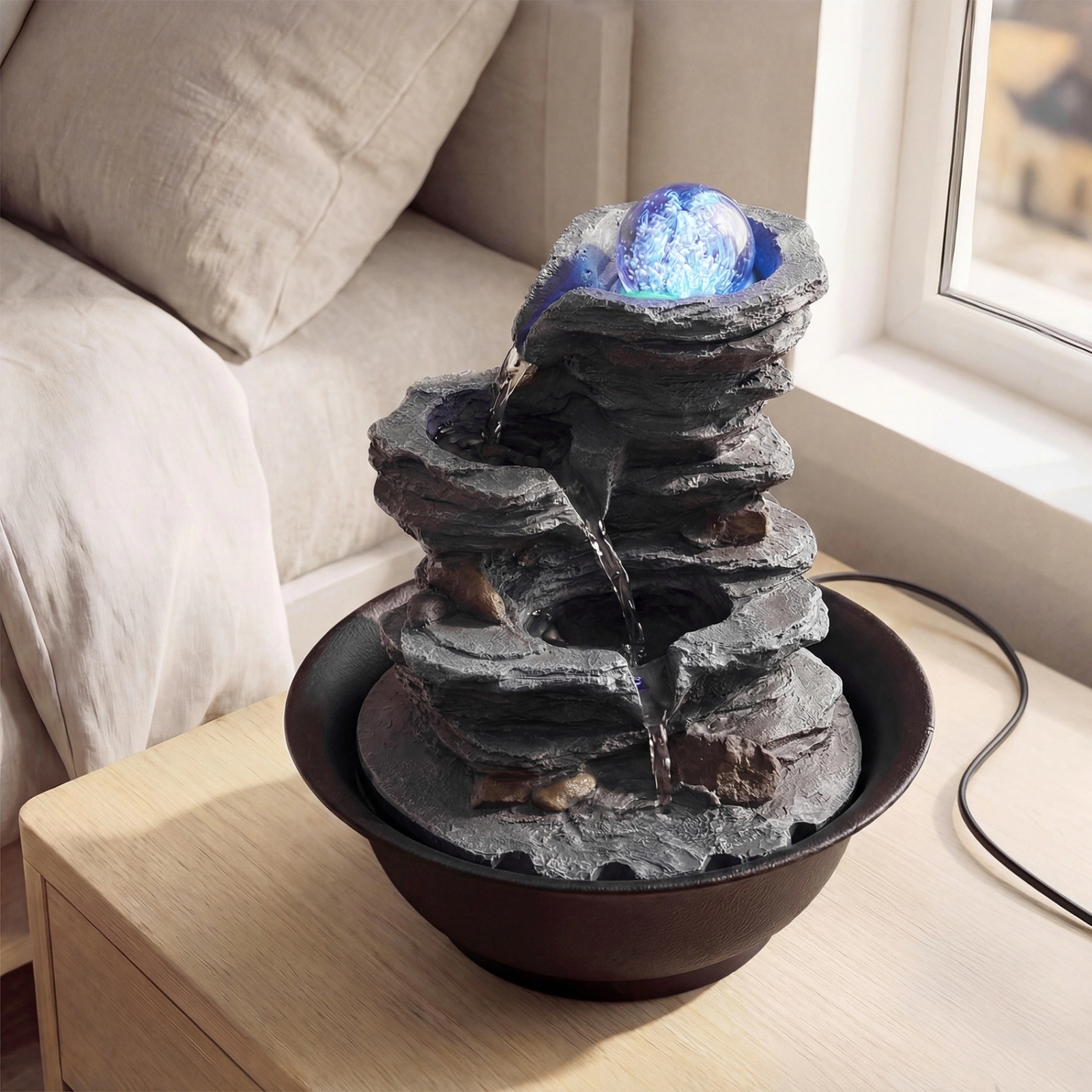 SUGIFT Black Tabletop Water Fountain with Rolling Crystal Ball and Color-Changing LED Light 8.5-in Dia 10.5-in H