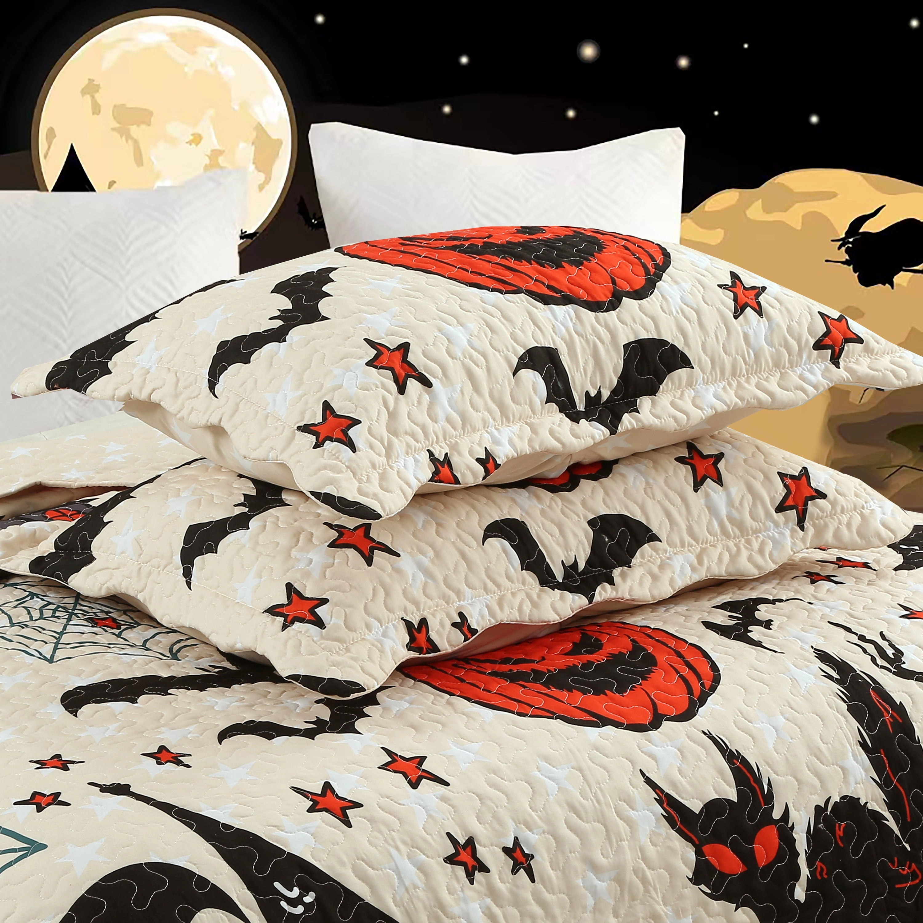 MarCielo 2/3 Piece Halloween Quilt Set - Pumpkin & Bat Print Bedspread