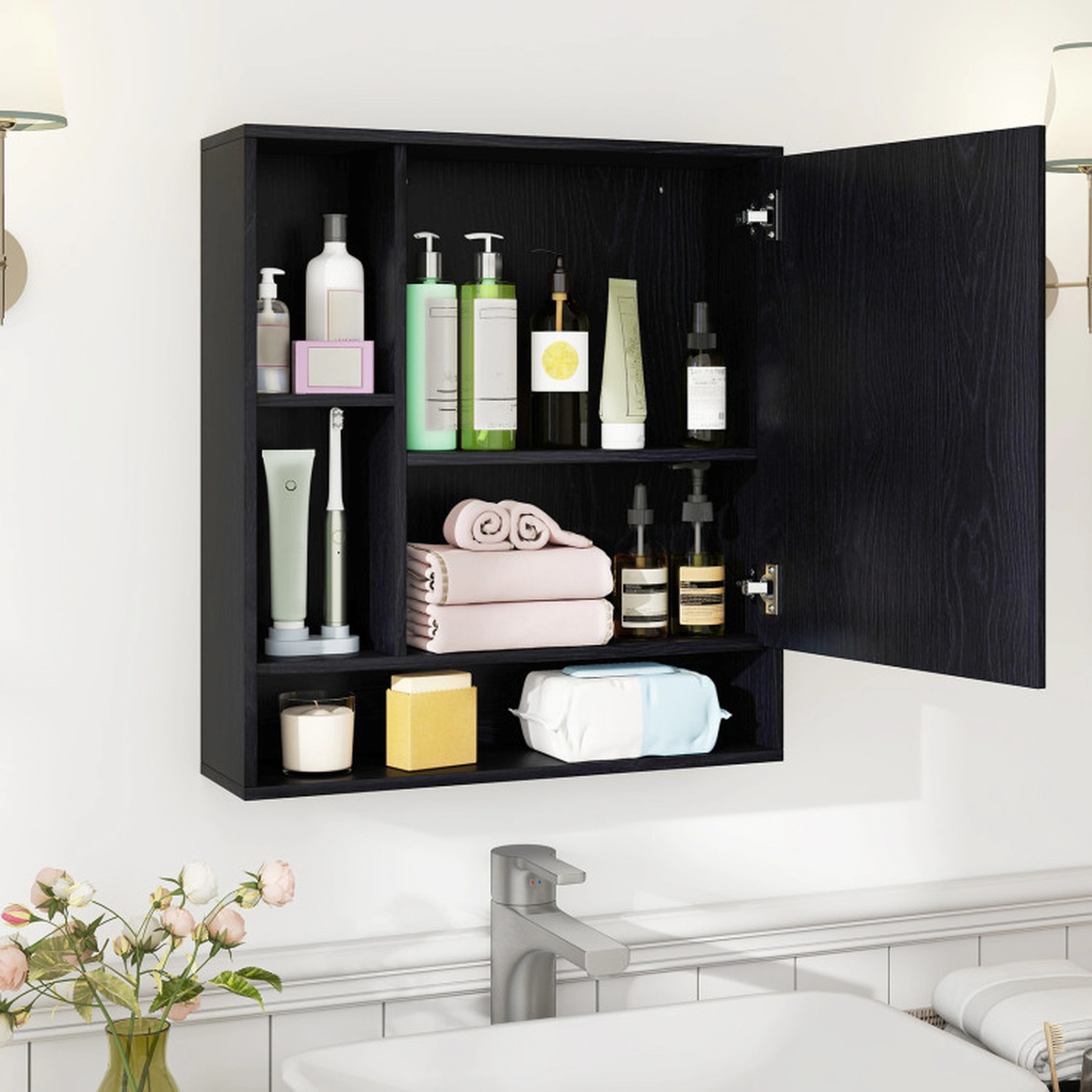 SUGIFT Black 176-lb Capacity Wall Mounted Bathroom Mirror Cabinet with Single Door and Open Shelves