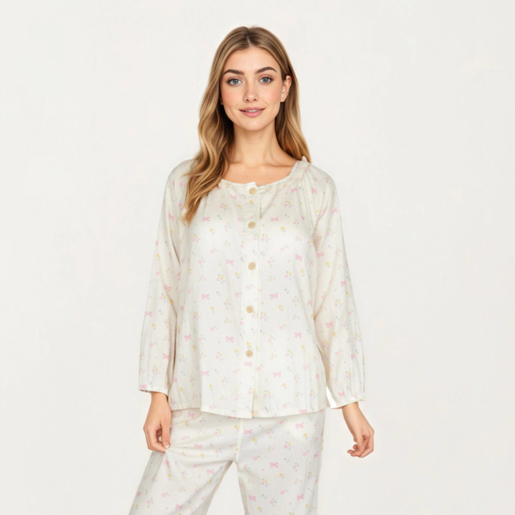 Anna-Kaci Women's 2-Piece Button Front Top with Built-In Chest Pads and Relaxed Pants Pajama Set Floral Print