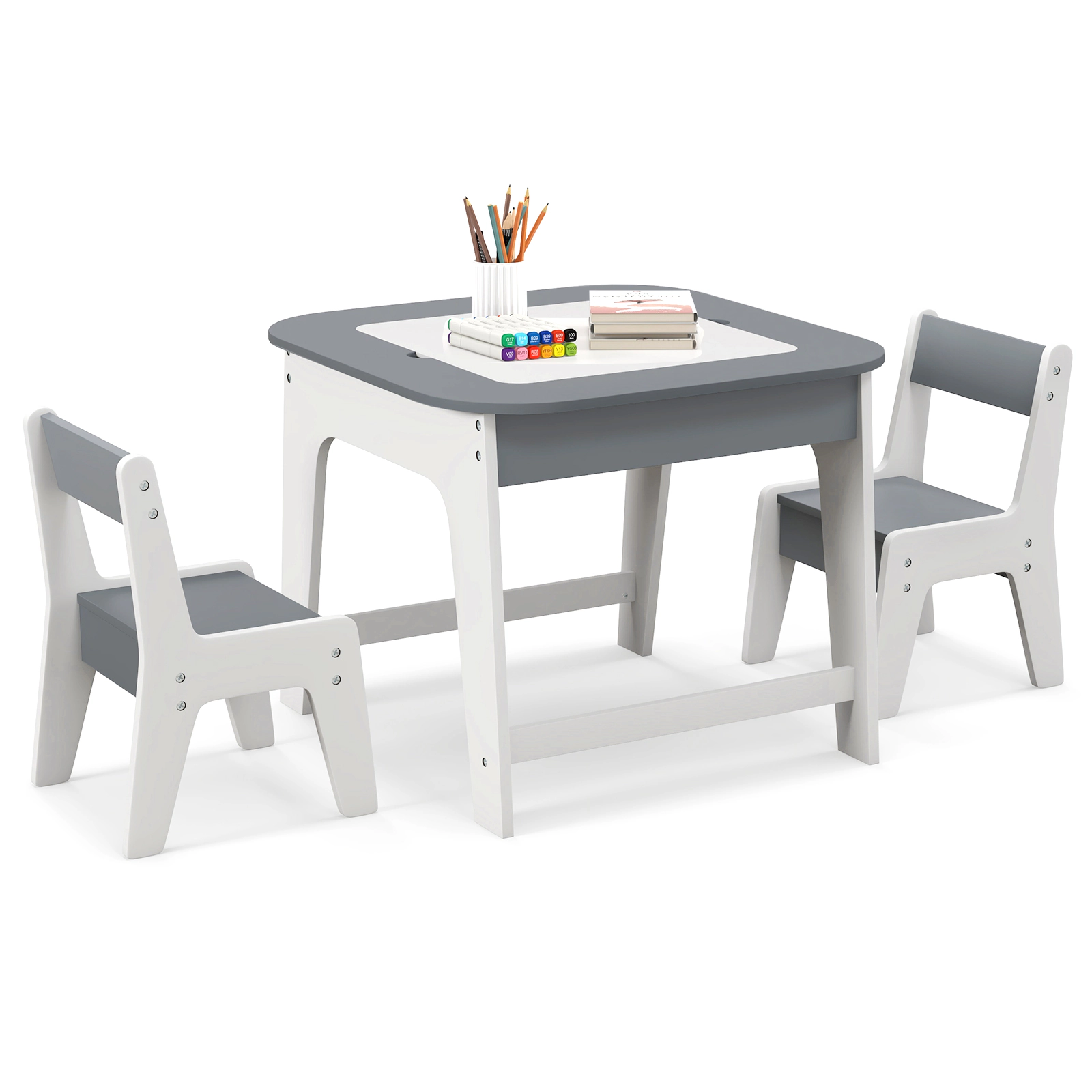 SUGIFT Double-Sided Kids Table and 2 Chair Set 19.5-in Tall 44-lb Table 66-lb Chairs Ages 3-6 Natural/Gray