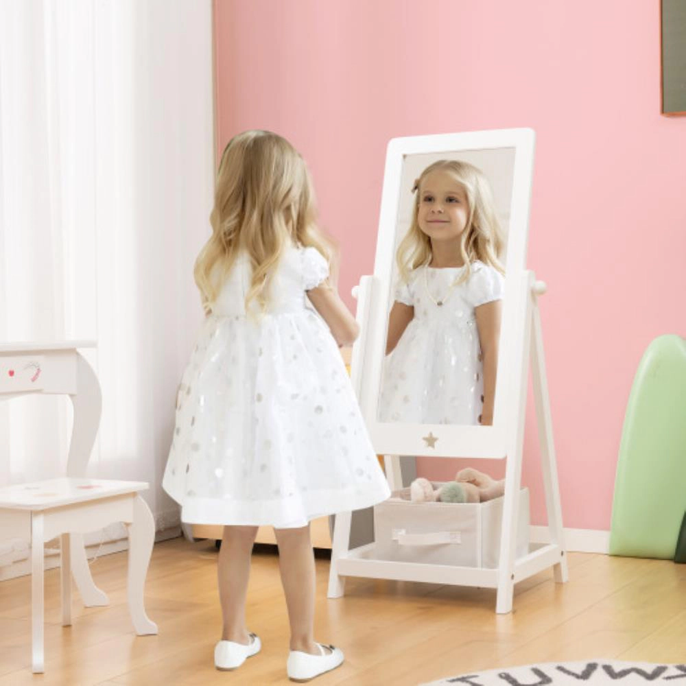 Hivvago Kids Full Length Wooden Standing Mirror With Bottom Shelf And Foldable Storage Bin-White
