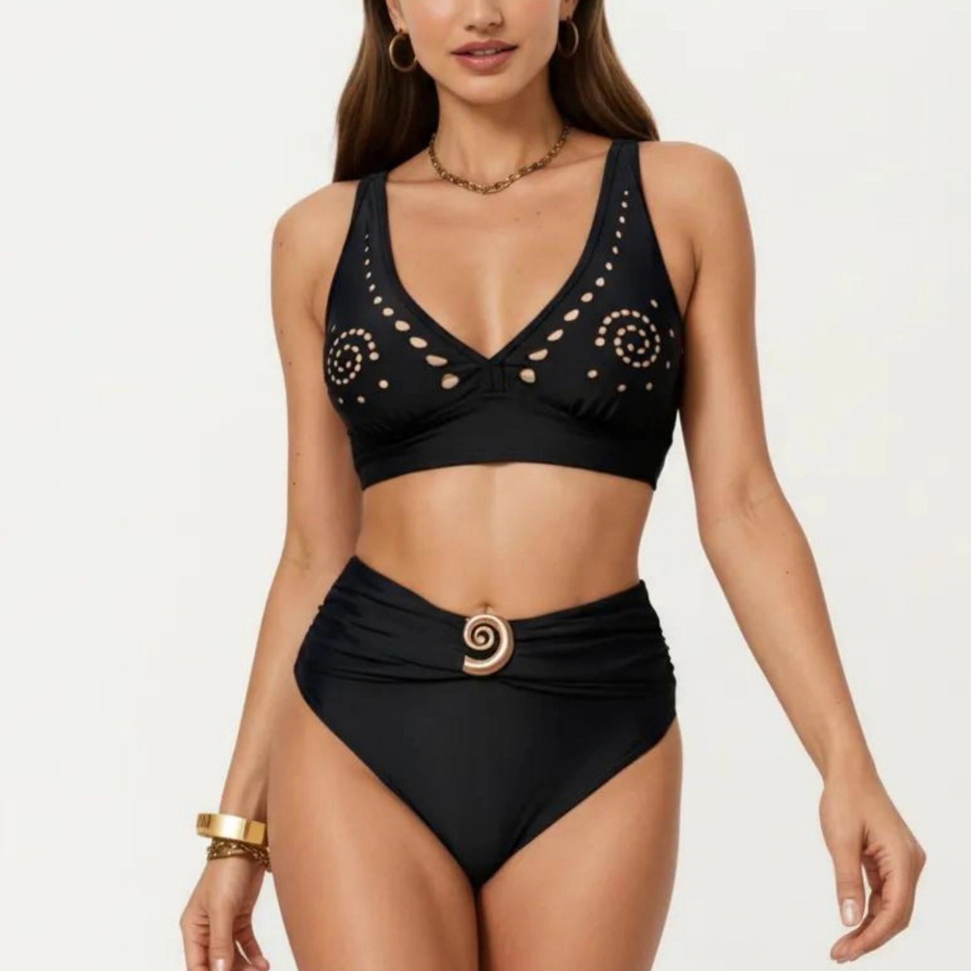 Anna-Kaci Women's 2-Piece Bikini Set with Decorative Stud Bralette Top and High Rise Bottom Center Hardware