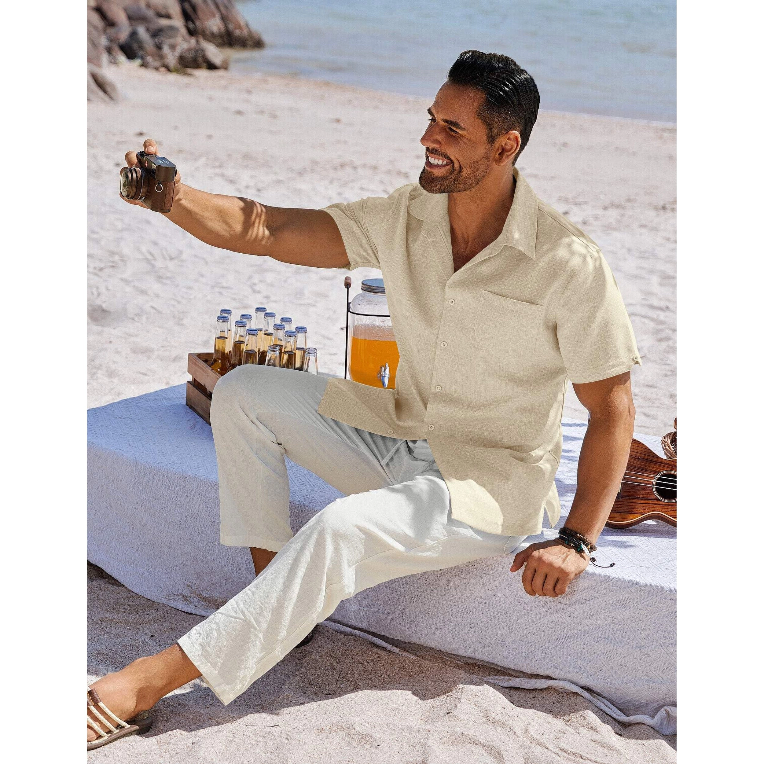 COOFANDY Men's Regular Fit Lightweight Linen Blend Short Sleeve Camp Shirt
