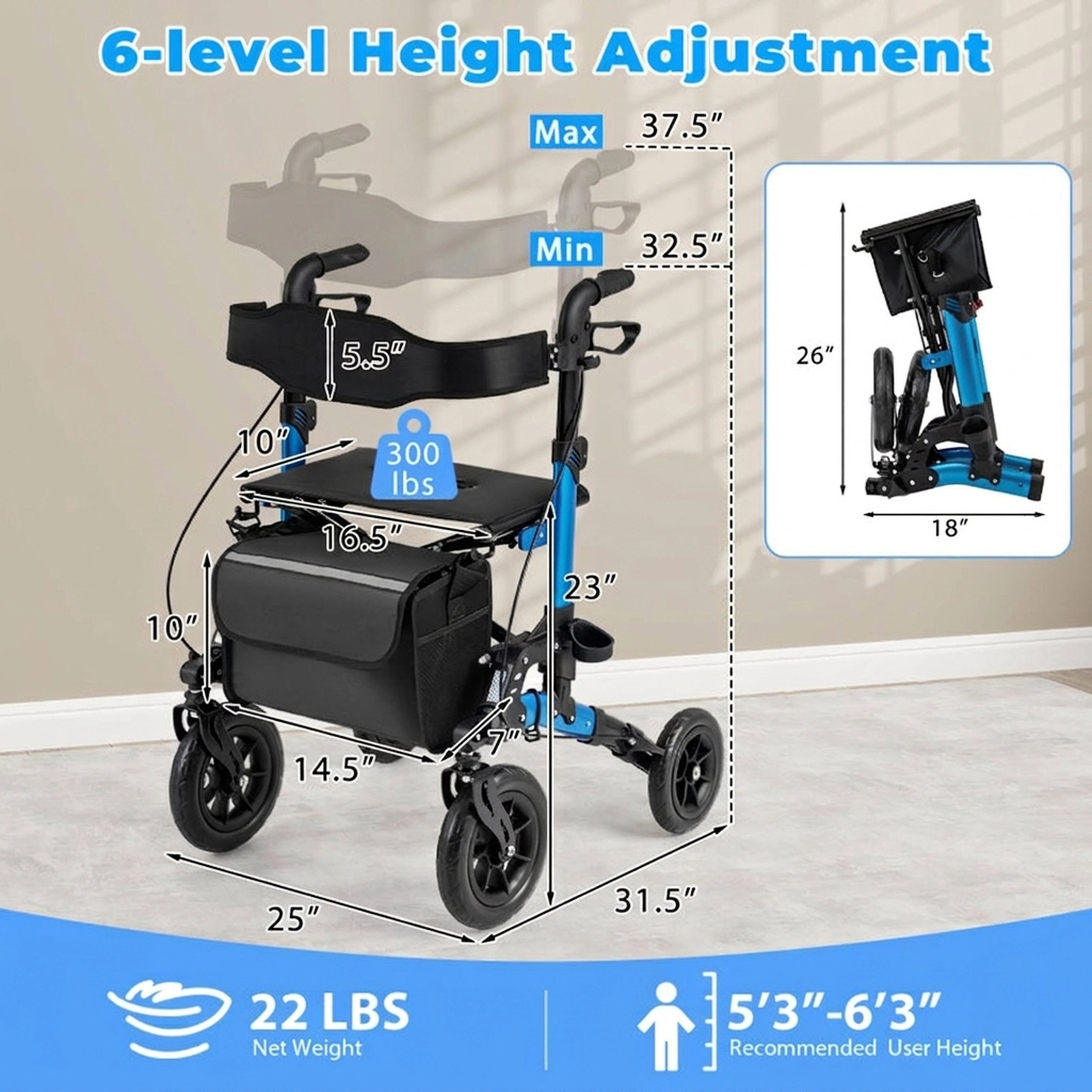SUGIFT Blue Folding Rollator Walker with Spring Suspension and Mesh Backrest 31.5-in W 25-in D 300-lb Seat Capacity