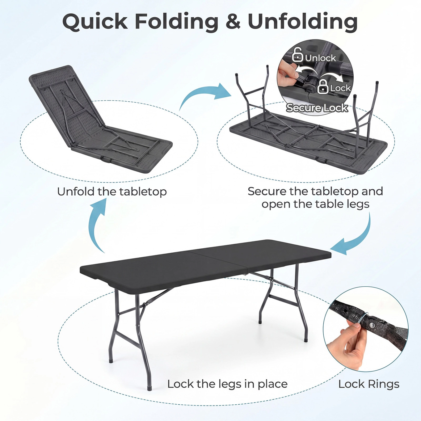 SUGIFT 6 ft Fold-in-Half Camping Table Black HDPE Portable Outdoor Table
