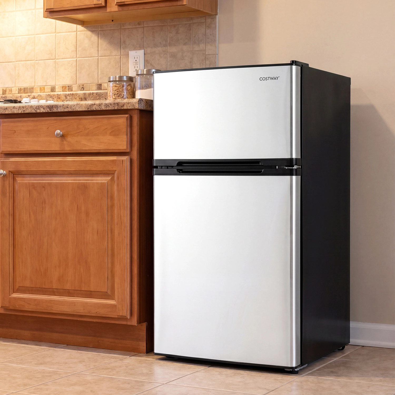 LJG 3.2 Cu.Ft Mini Fridge with Freezer Double Door Small Refrigerator with Adjustable Thermostat