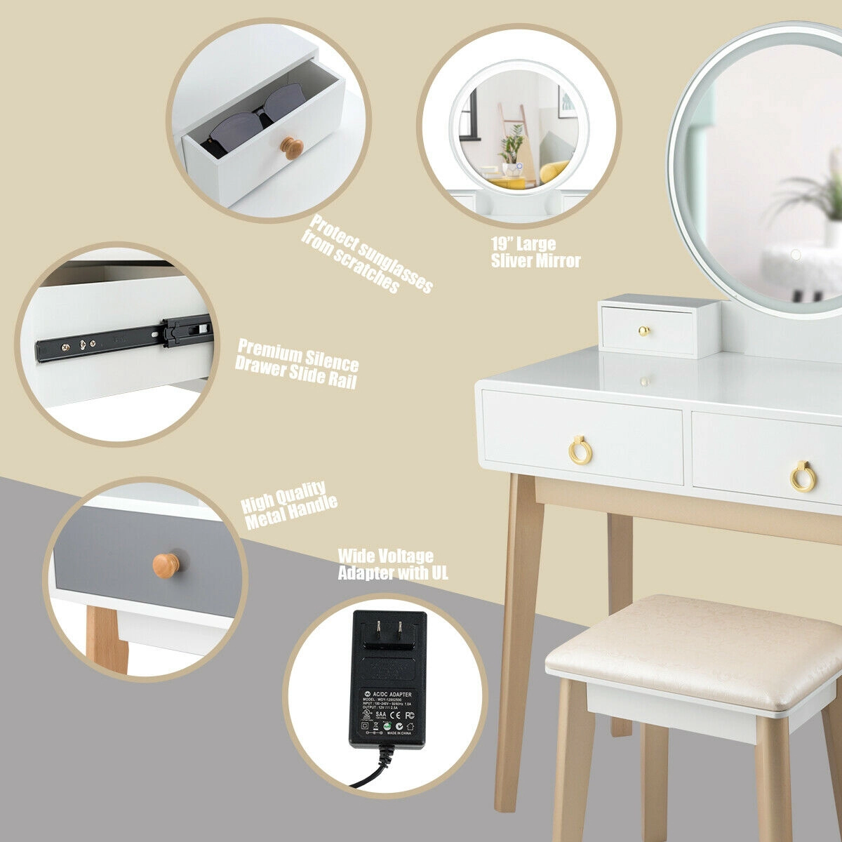 SUGIFT White 4 Drawers 19 Inch Lighted Round Mirror and Stool Makeup Dressing Table Set