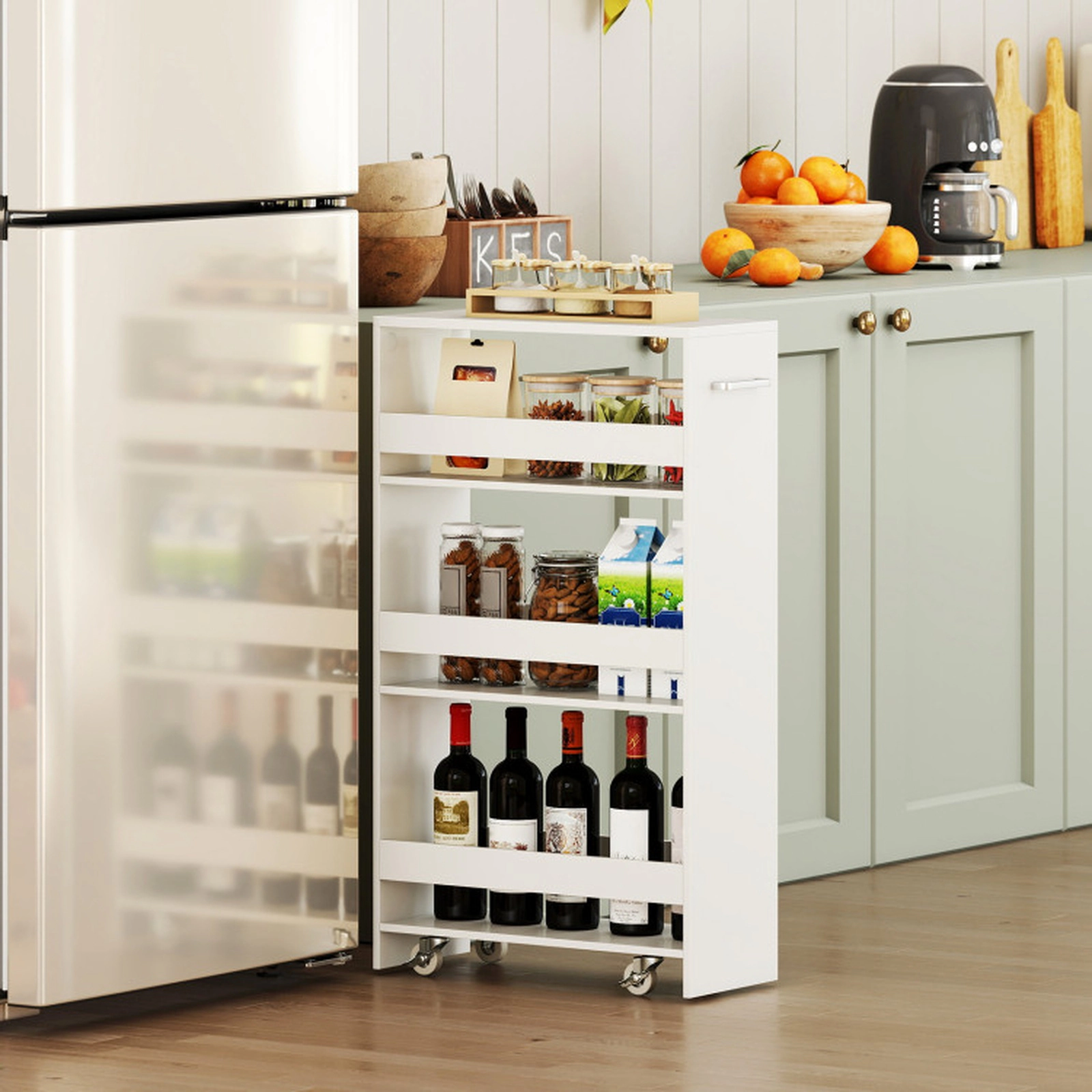 SUGIFT 4-Tier White Slim Rolling Kitchen Cart on Wheels with Guard Rails and Towel Bar Handle