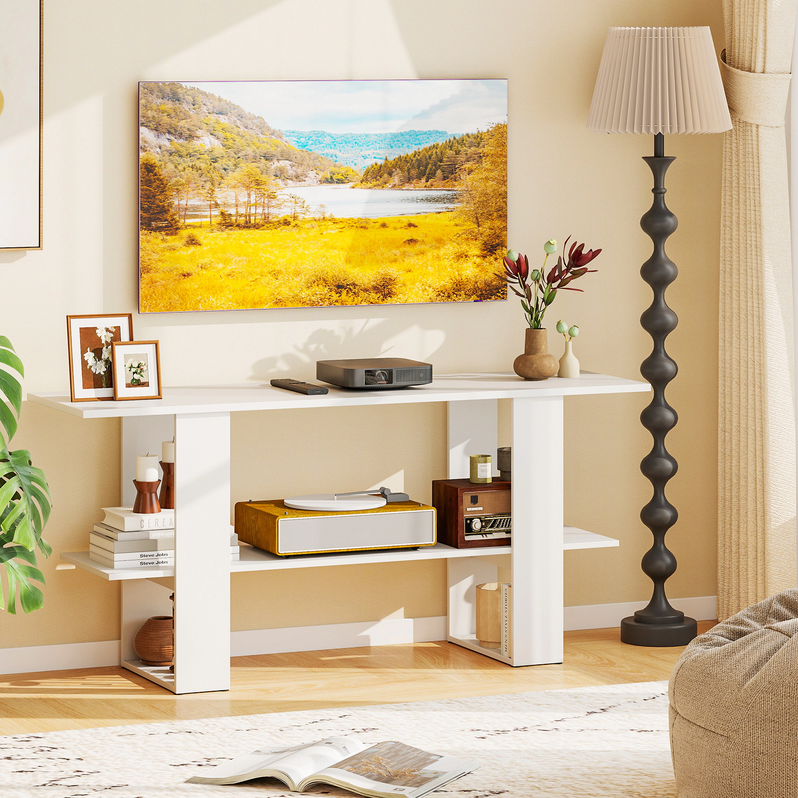 Glintex 2-Tier 48-Inch TV Stand with 8.5-Inch Floor Clearance, White
