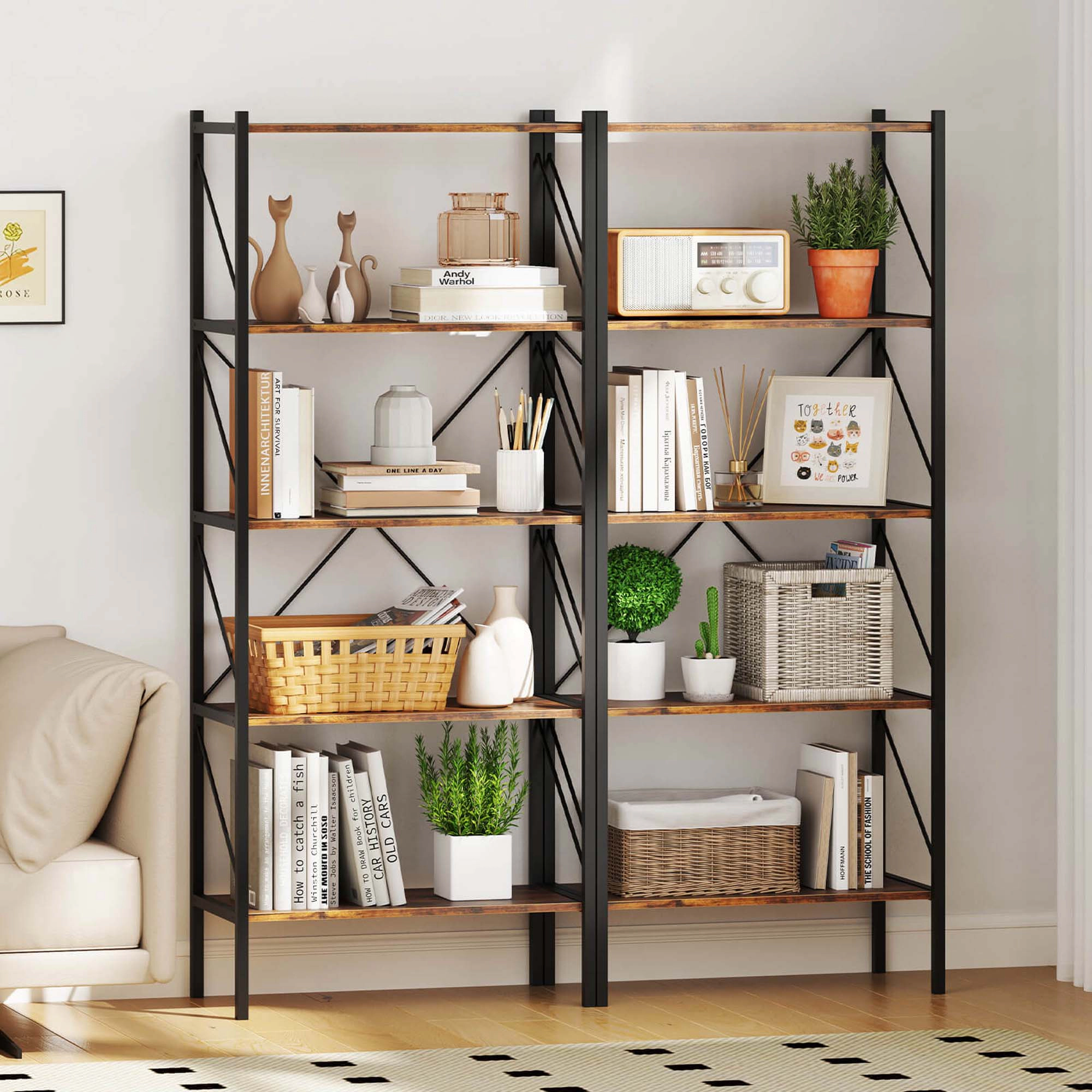 Costway 2 PCS 5-Tier Bookshelf, Industrial Tall Bookcase with Open Storage Shelves & Metal Frame Brown