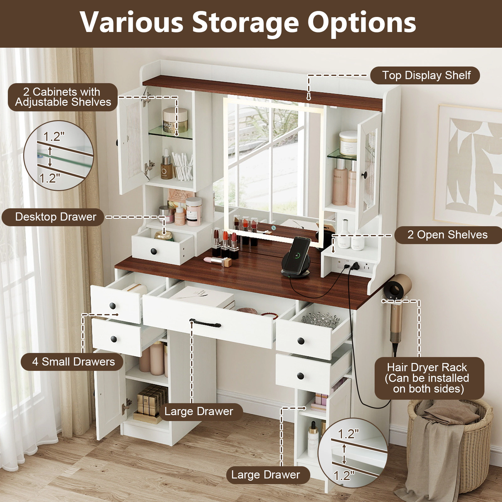 LJG 41.5 Inch Makeup Dressing Table with Power Outlets and 3 Color Lighting Modes