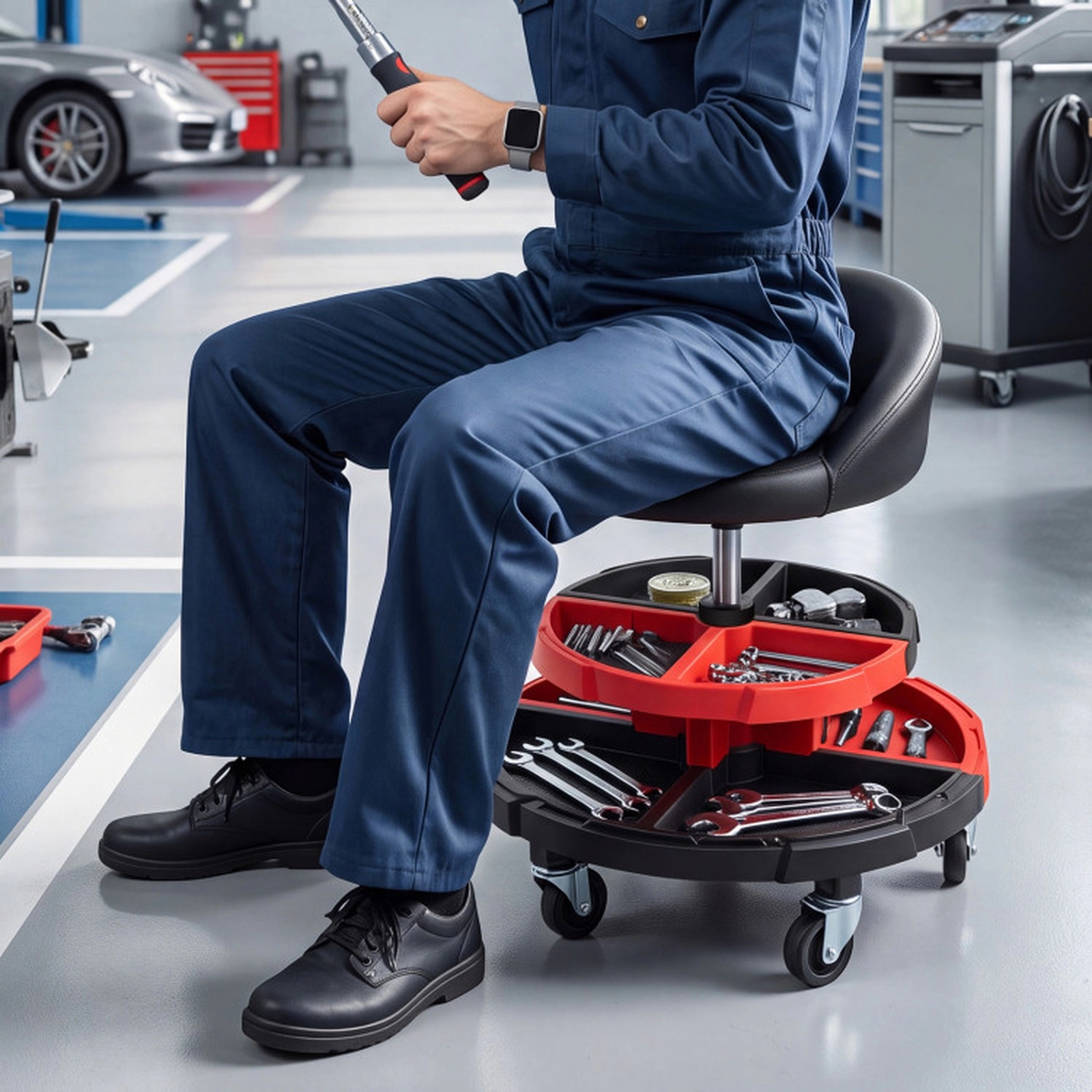 SUGIFT Adjustable Rolling Mechanic Stool with Lumbar Backrest and 2 Tool Trays