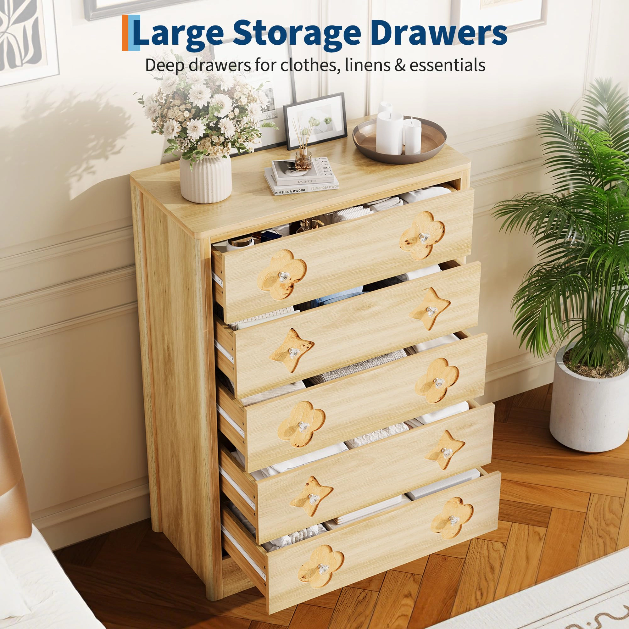 46.1" Tall 5 Drawer Wood Dresser with Decorative Fronts & Crystal Knobs, Narrow Storage Chest