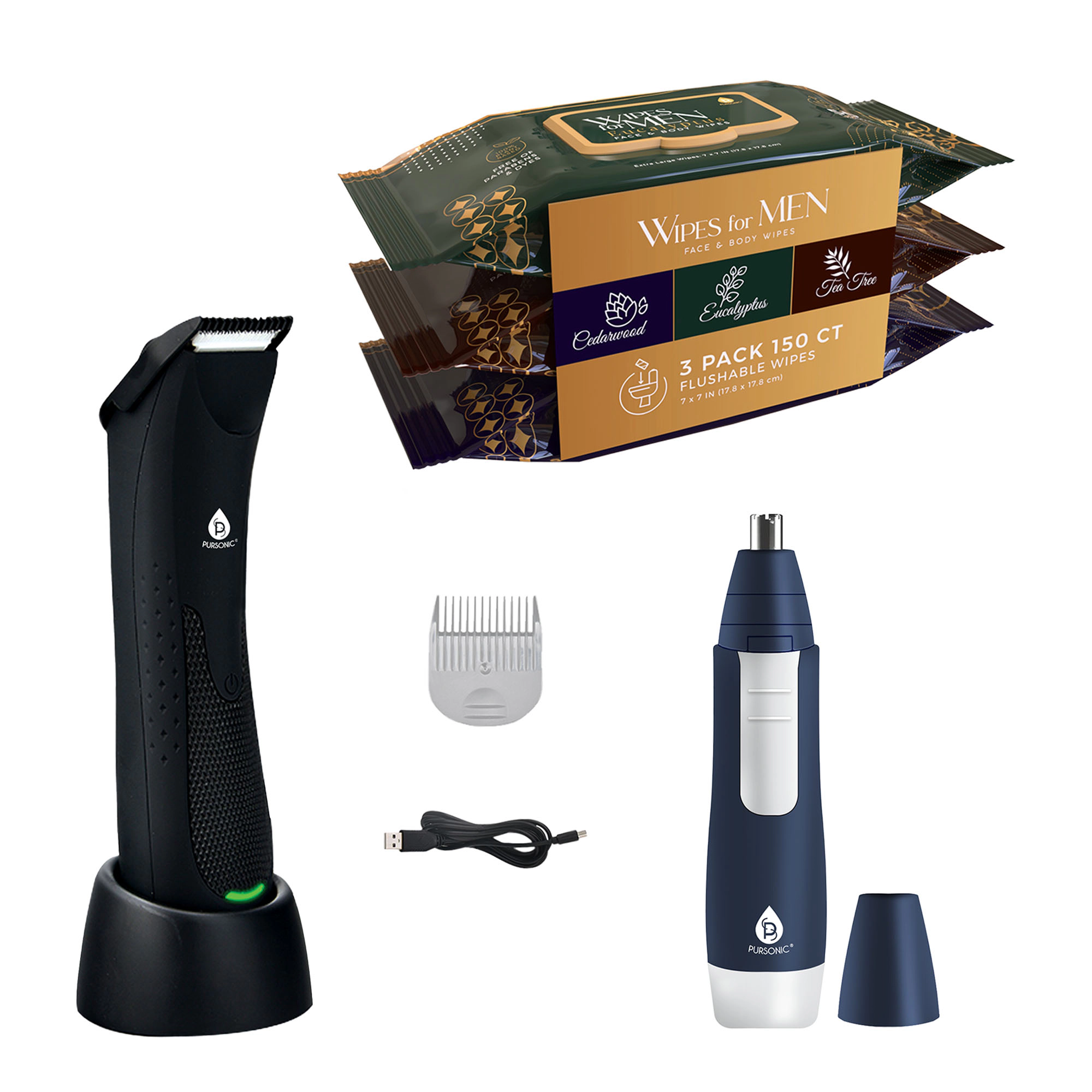 Pursonic Men's Complete Grooming Care Bundle – Mario Lopez Wireless Body Hair Trimmer, Nose & Ear Hair Trimmer & Face and Body Wipes Set