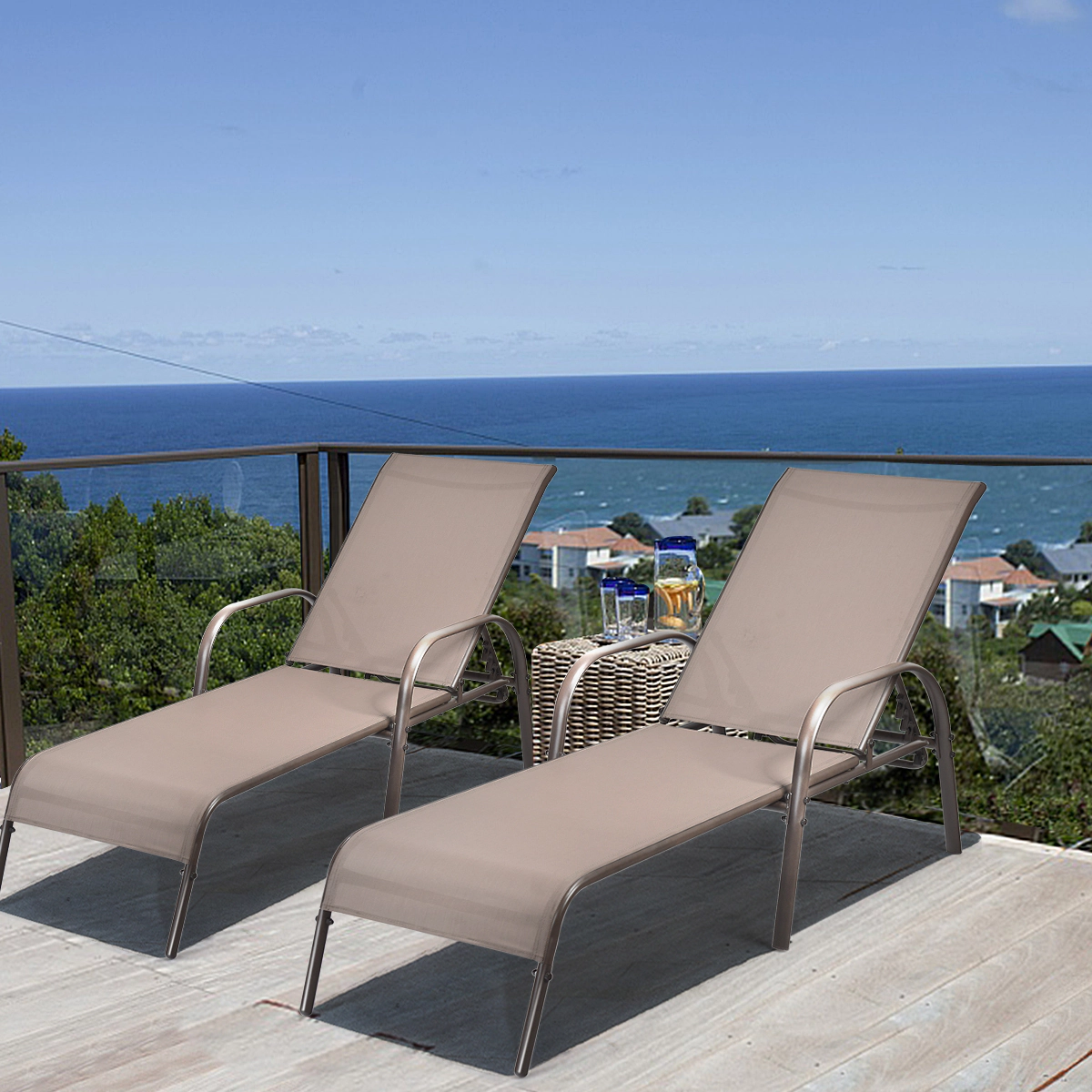 SUGIFT 2-Piece Adjustable Outdoor Patio Chaise Lounge Chair Set Fabric Seat Reclining Armrests 350-lb Capacity Brown
