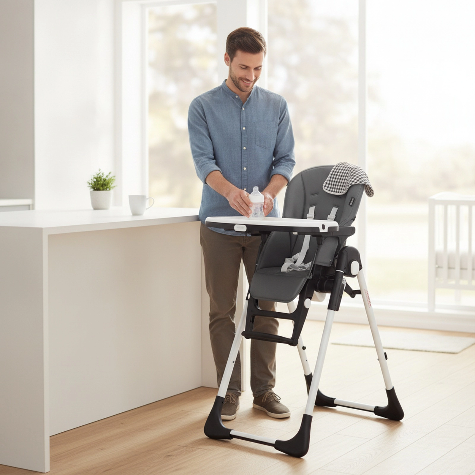 Reclining Newborn High Chair 5-Position Backrest 7 Seat Heights Detachable Double Tray for 0 to 36 Months Gray