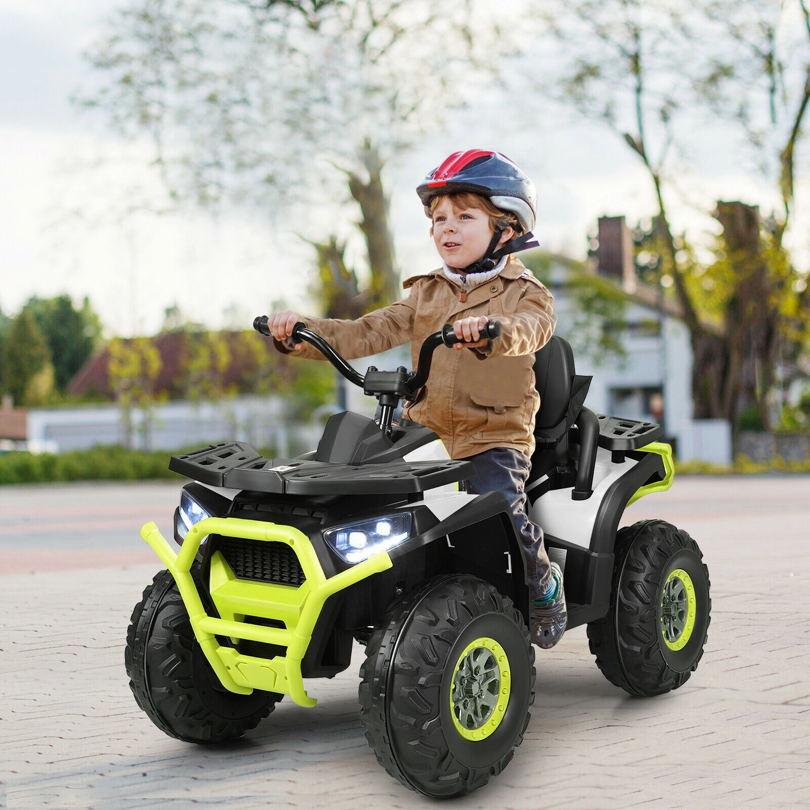 12V Kids ATV 4-Wheeler Quad Electric Ride On Car MP3 Player LED Lights High Low Speed and Safety Belt Ages 3+ White