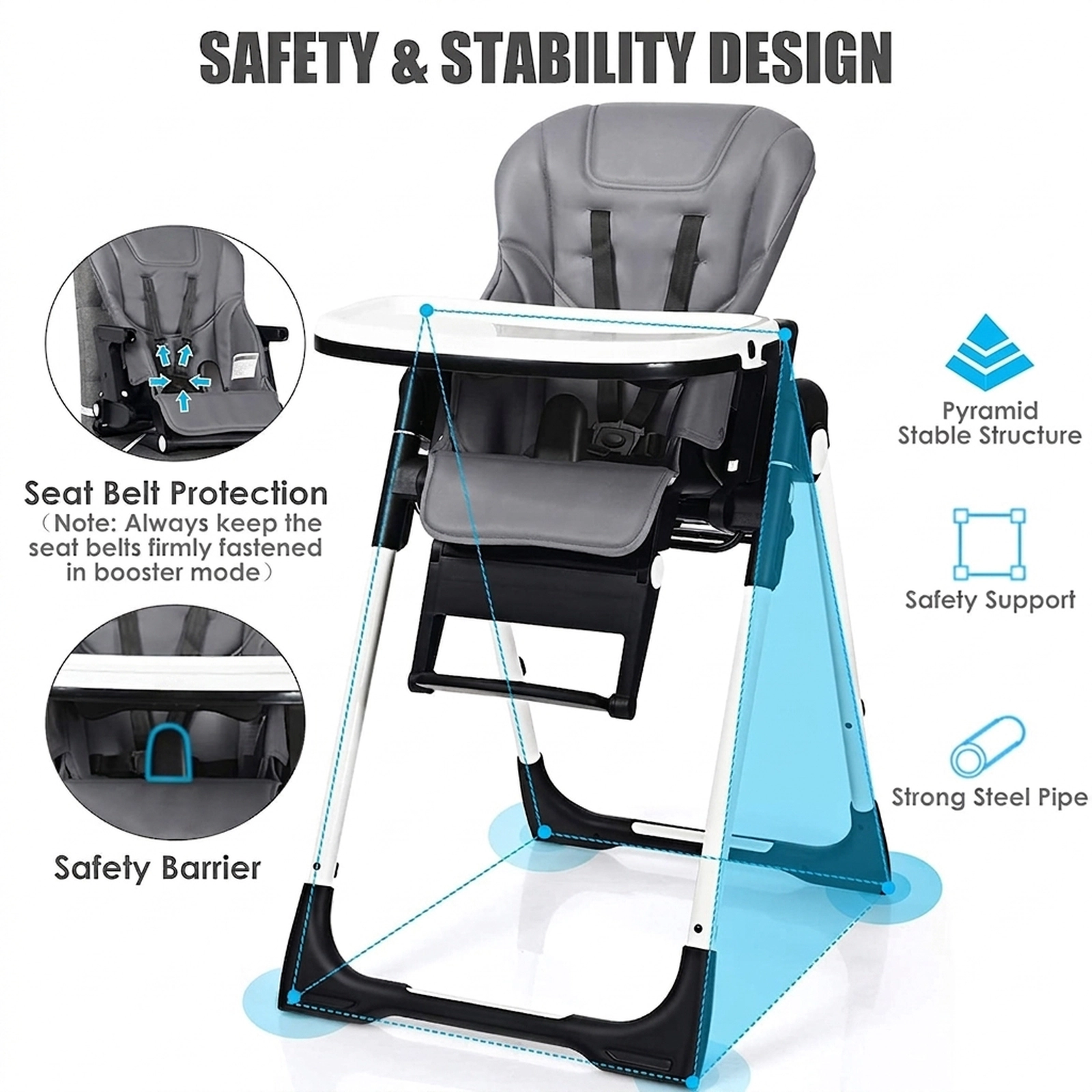 Reclining Newborn High Chair 5-Position Backrest 7 Seat Heights Detachable Double Tray for 0 to 36 Months Gray