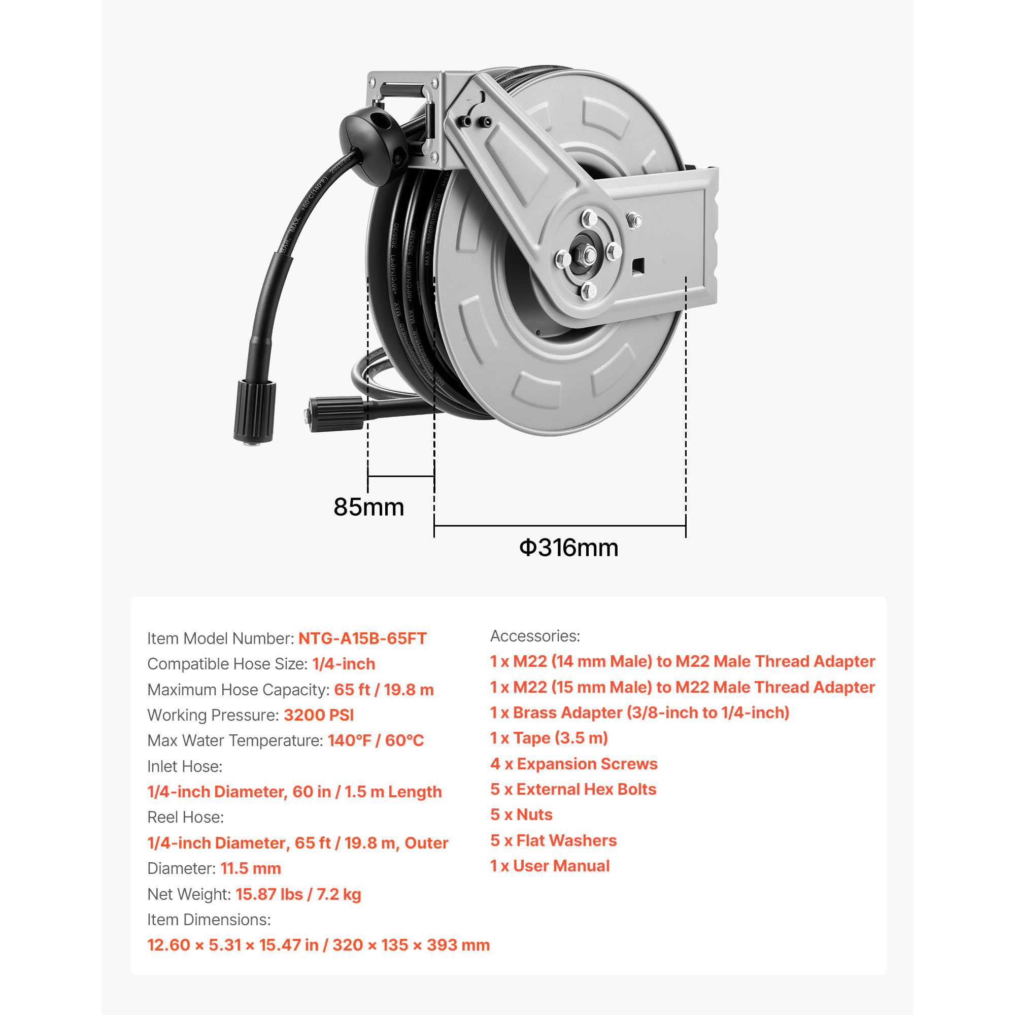 HONGGE Pressure Washer Hose Reel Retractable Power Heavy-Duty Steel Washer Hose Reel 4000PSI Max Auto-Rewinding