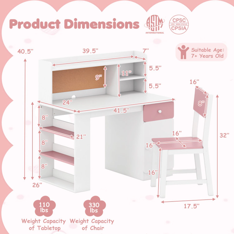 Hivvago Kids Writing Table and Chair with Overhead Hutch 3-Level Storage Rack