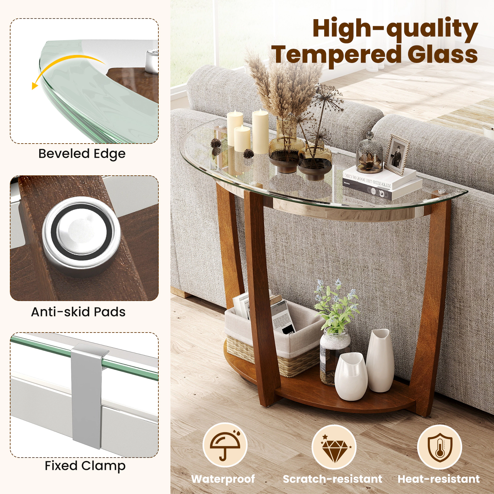 Glintex Half-Moon Tempered Glass Console Table with 300-Lb Top and Birch Veneer Shelf