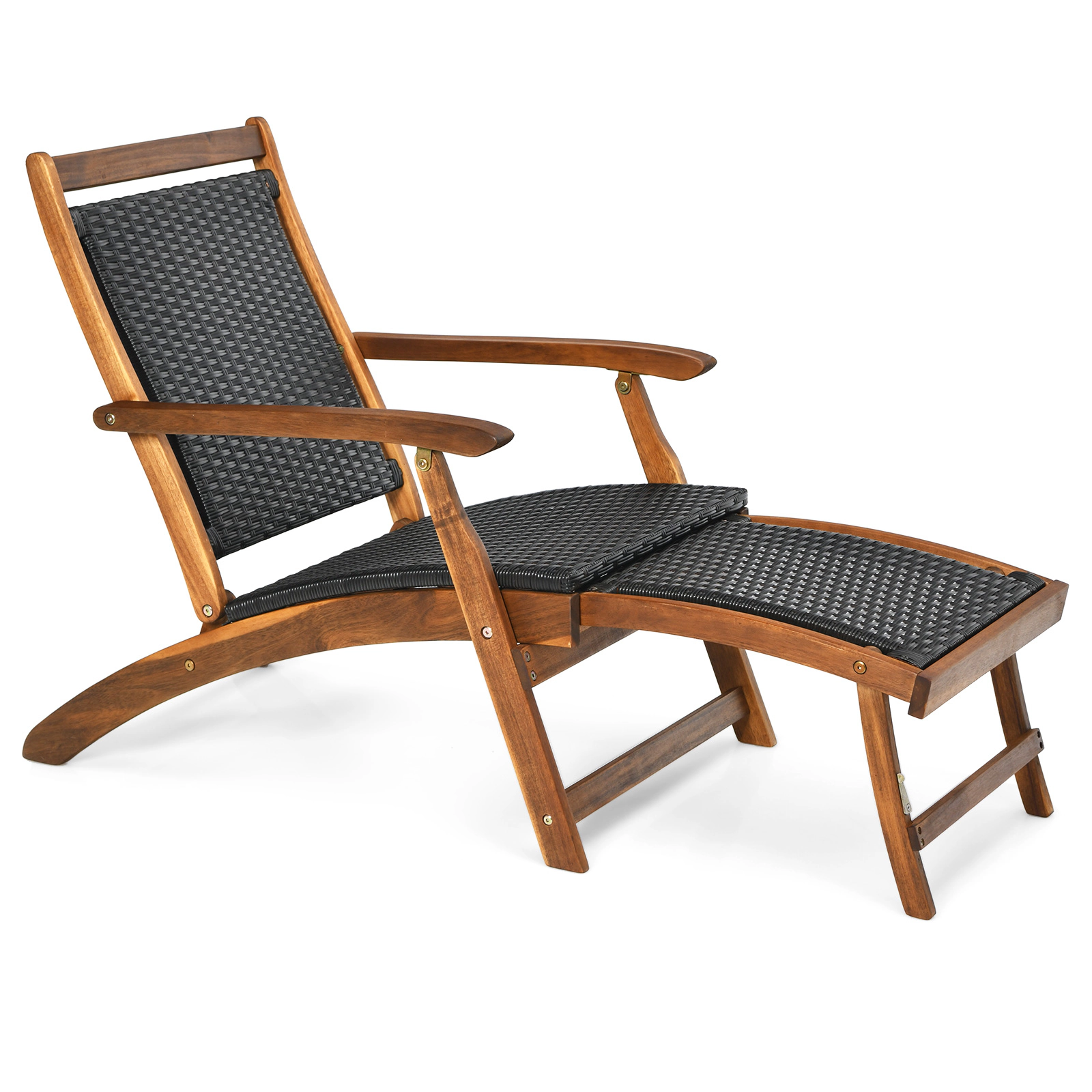 LJG Patio Rattan Folding Lounge Chair with Acacia Wooden Frame Retractable Footrest
