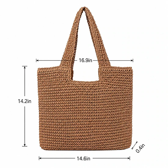 Alilang Women's Woven Crochet Tote Bag with Shoulder Straps Lightweight Knit Tote with Zipper Pocket, Khaki