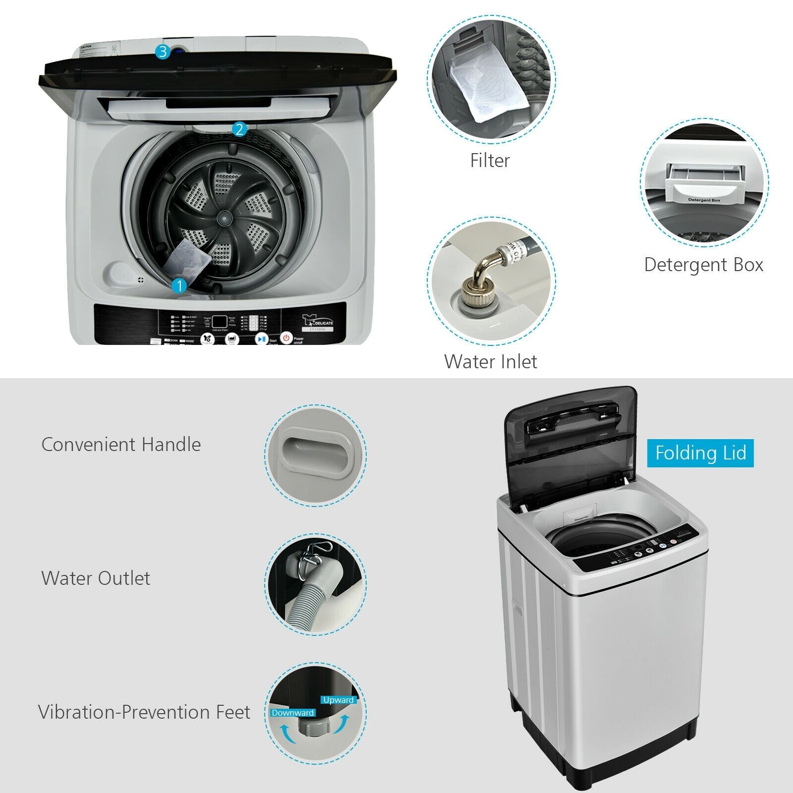 SlickBlue Portable Washer with 8 Programs, 10 Water Levels and LED