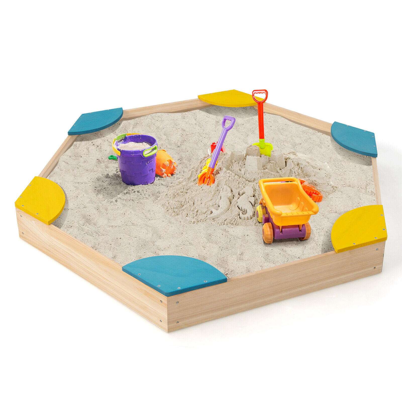 SUGIFT Outdoor Sandbox with 6 Built-in Fan-shaped Seats 705-lb Sand Capacity 66-lb Seat Capacity Ages 3+ Multicolor