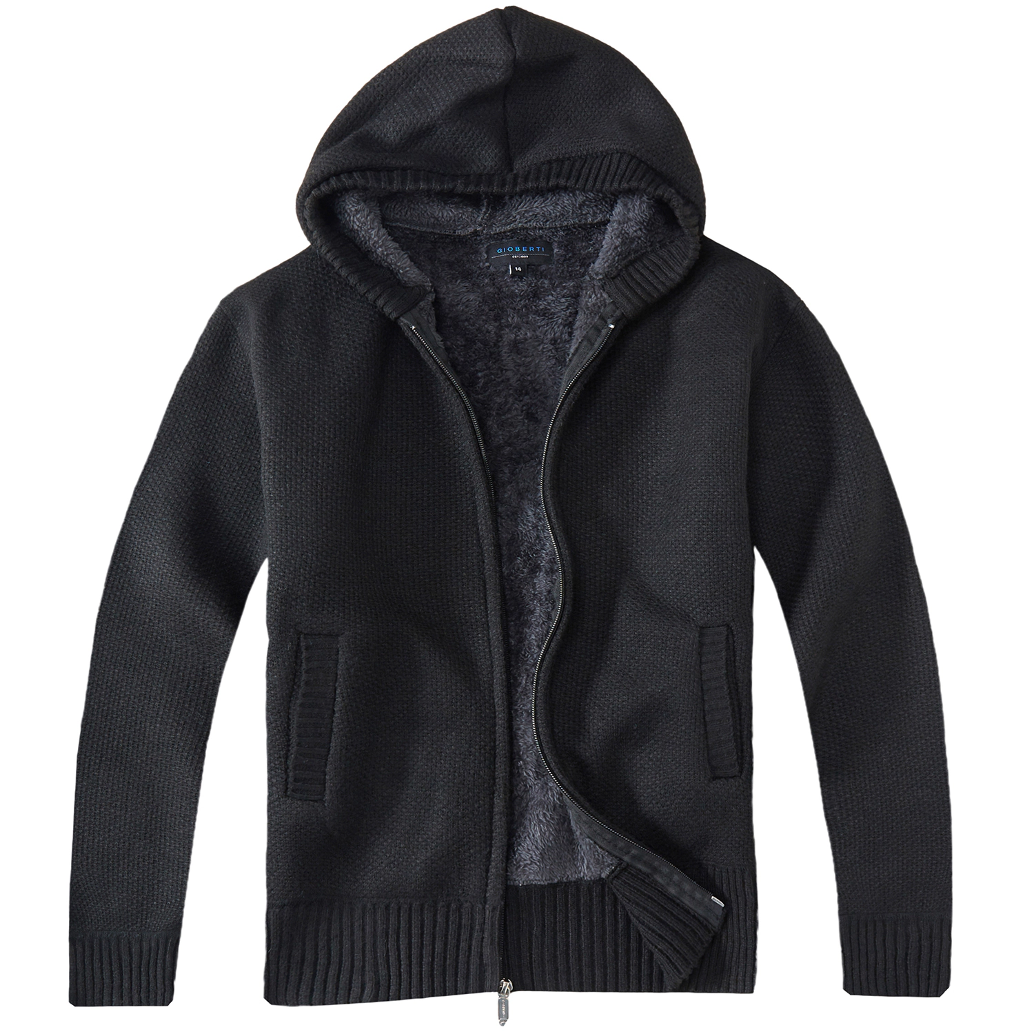 Gioberti Boy's Full Zip Knitted Cardigan Sweater with Hoody and Sherpa Lining