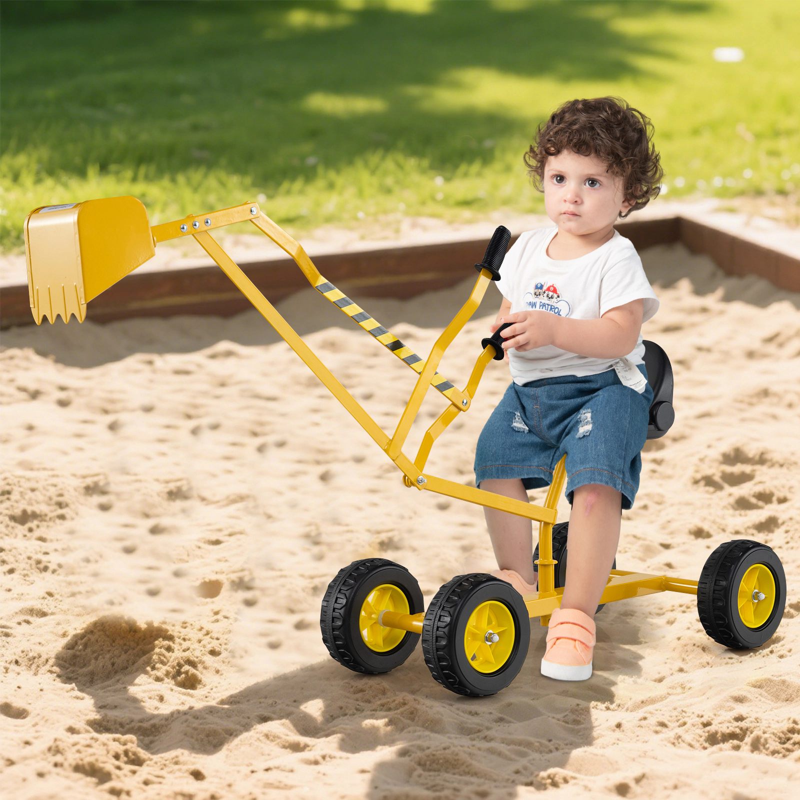 All-Season Kids Sand Digger Ride-On Excavator Toy 2-Handed Levers 360-Degree Swivel Seat Backrest 110-lb Ages 3+ Yellow