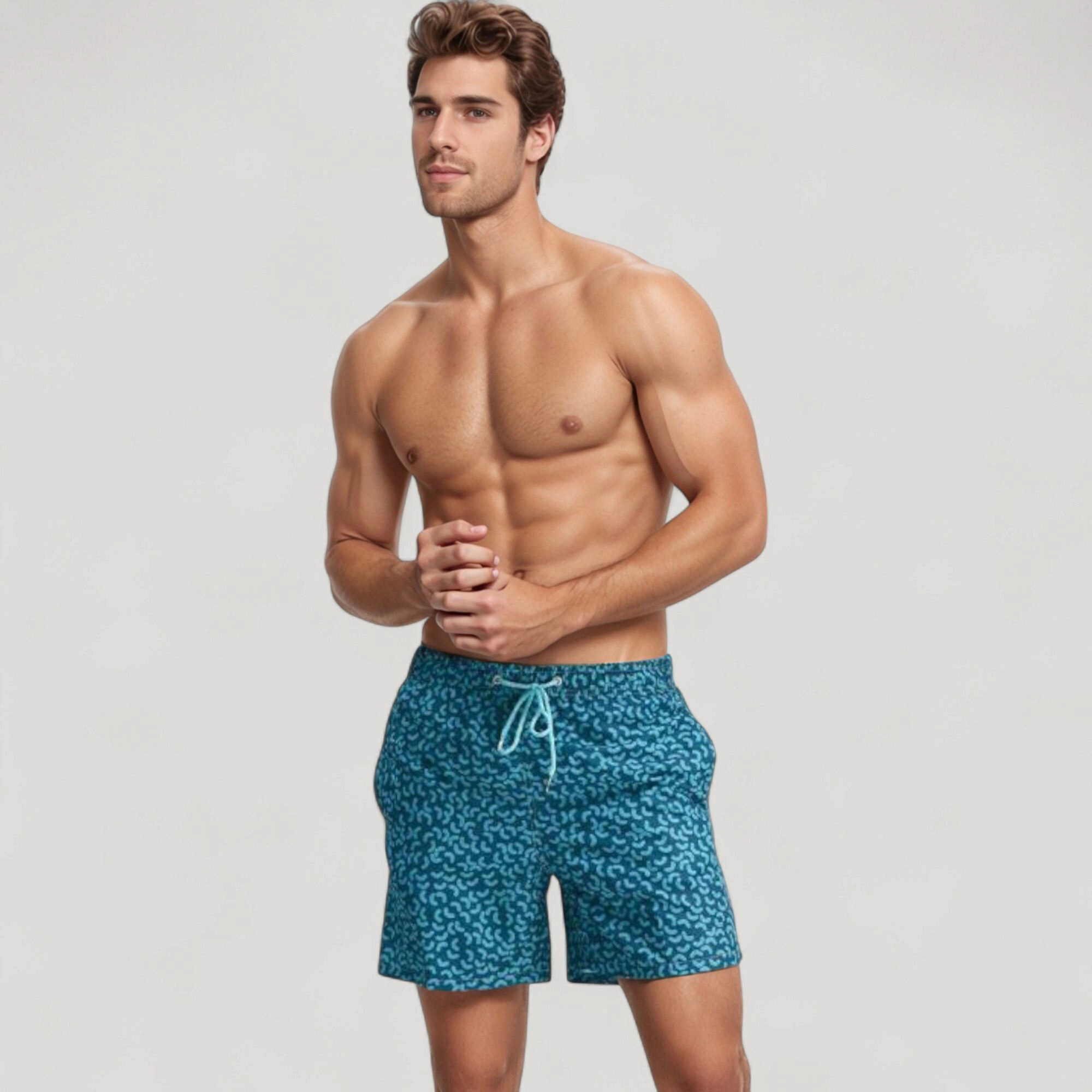 Anna-Kaci Men's Blue Abstract Print Swim Trunks with Quick-Dry Fabric and Adjustable Drawstring Waist