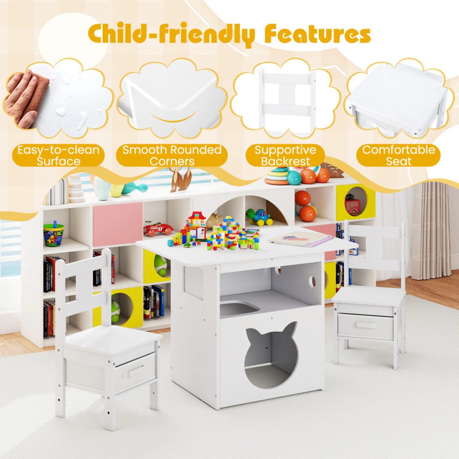 SUGIFT White Built-In Cat House and 2 Storage Bins 3-Piece Kids Wooden Table and Chairs Set