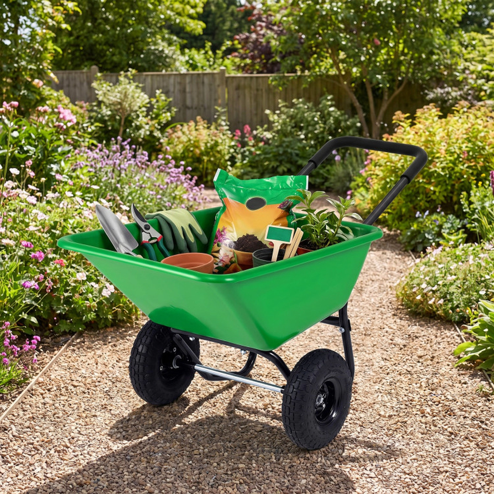 SUGIFT Dual-Wheel Wheelbarrow Garden Utility Cart with Pneumatic Tires 330-lb Capacity 21-gal Hopper Light Green