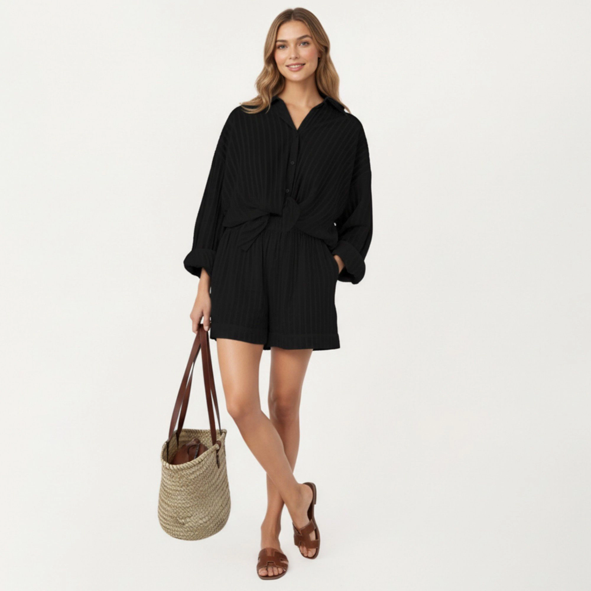 Anna-Kaci Women's 2-Piece Button Down Pajama Shirt and Shorts Long Sleeve Textured Stripe Printed Lounge Sleepwear Set